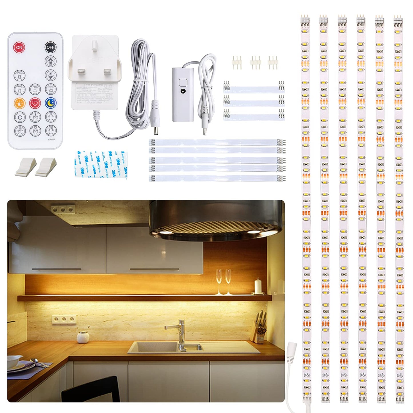 WOBANE Dimmable Under Cabinet LED Lighting Kit, 6*50cm Strip Lights with Remote Control, Counter for Kitchen,Cupboard,Shelf,TV Back,Showcase,2700K Warm White,Bright, Timing,12V,1500lm Warm White 2700k