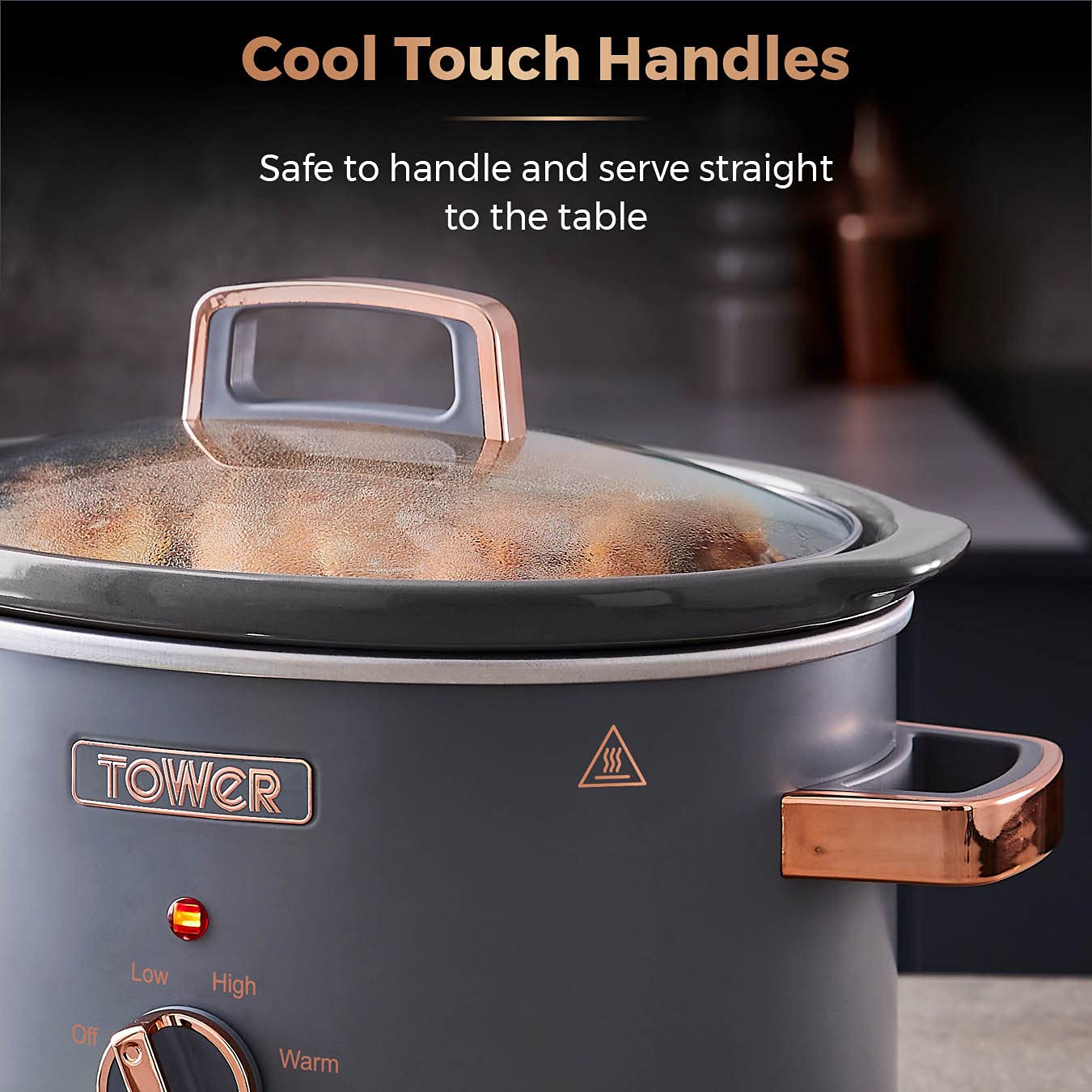 Tower T16042GRY Cavaletto 3,5 Litre Slow Cooker with 3 Heat Settings, Cool Touch Handles, 210W, Grey and Rose Gold 3.5L