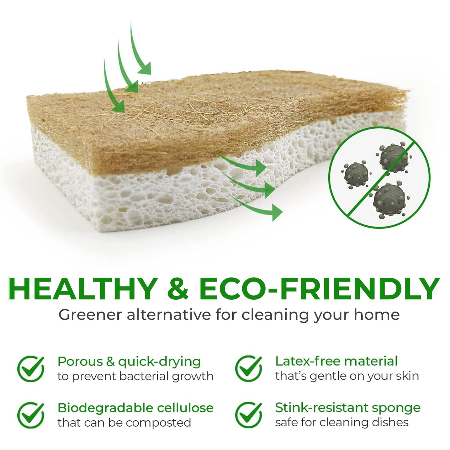 AIRNEX Biodegradable Eco Sponge - Cellulose and Coconut Husk Scourer Kitchen Sponges - Pack of 12 Eco Friendly Washing Up Sponges