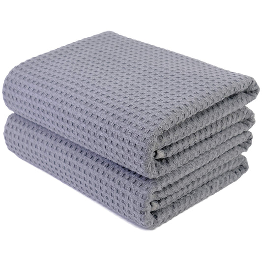 POLYTE Microfibre Oversize Quick Dry Lint Free Bath Towel, 76 x 152 cm, Set of 2 (Gray, Waffle Weave) Gray