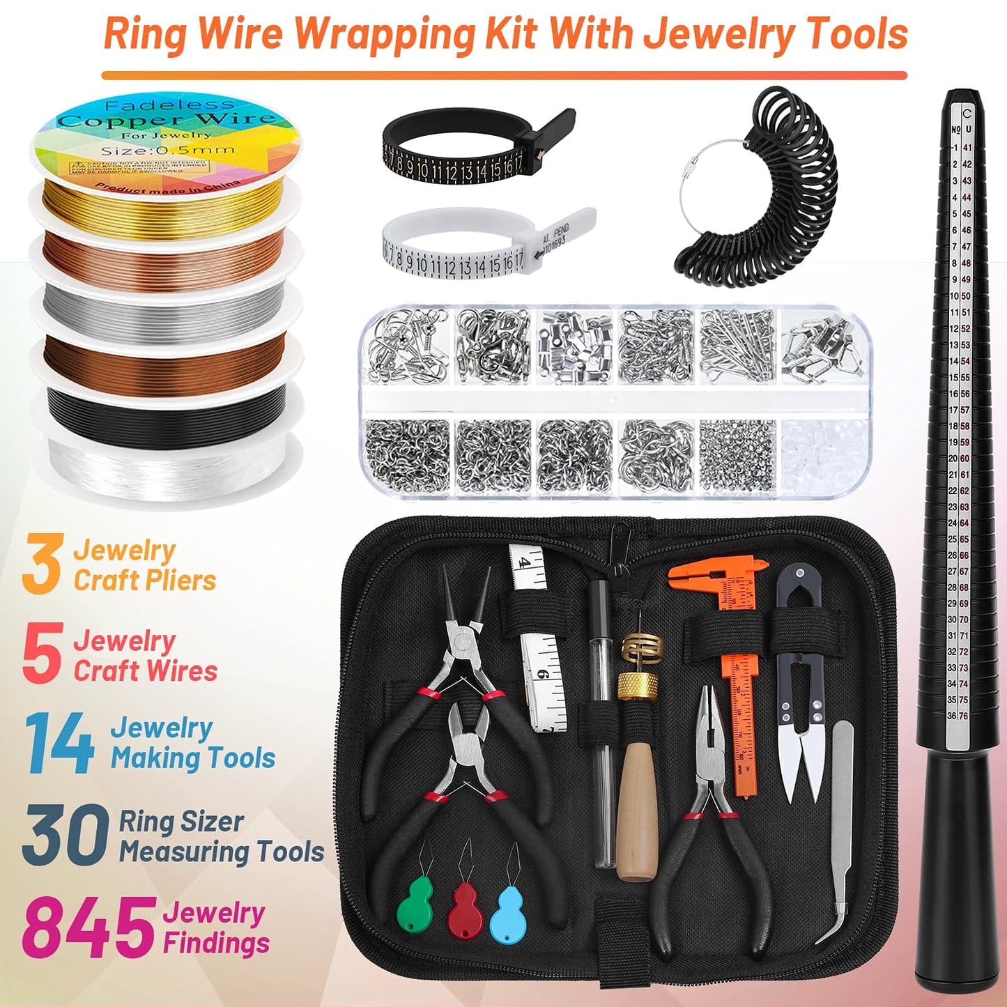 Jewelry Making Supplies Kit, Jewellery Making Kits with Jewellery Pliers Jewelry Wire Jewellery Making Tools Jewelry Findings Ring Measurement Tool for Jewelry Making & Repair Ring Earring Bracelet Style 2