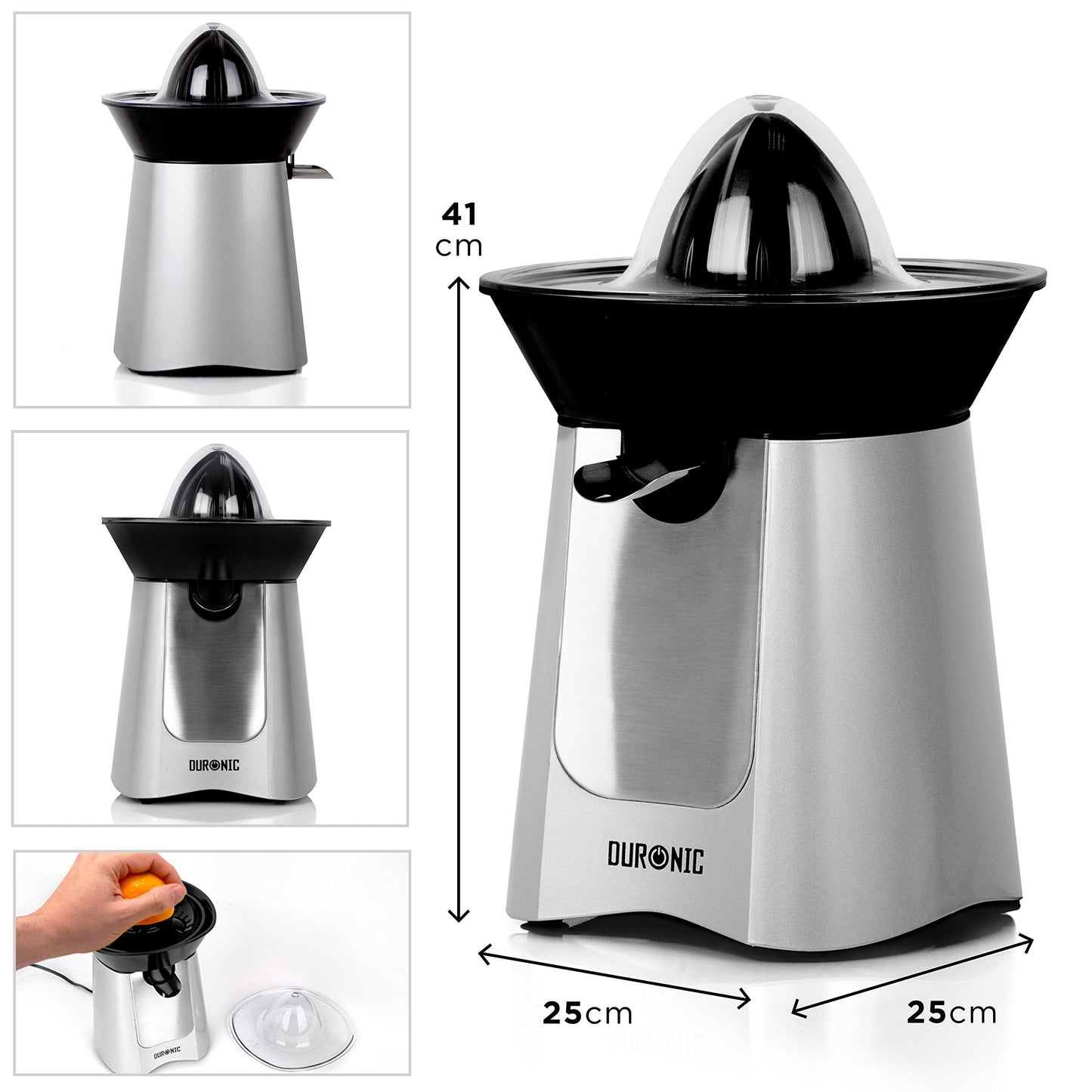 Duronic Electric Citrus Juicer JE6SR Fruit Juice Press Extractor 100W Motor Silver and Stainless-Steel 2 Cone Oranges Lemons Squeezer Machine JE6SR 100 Watt