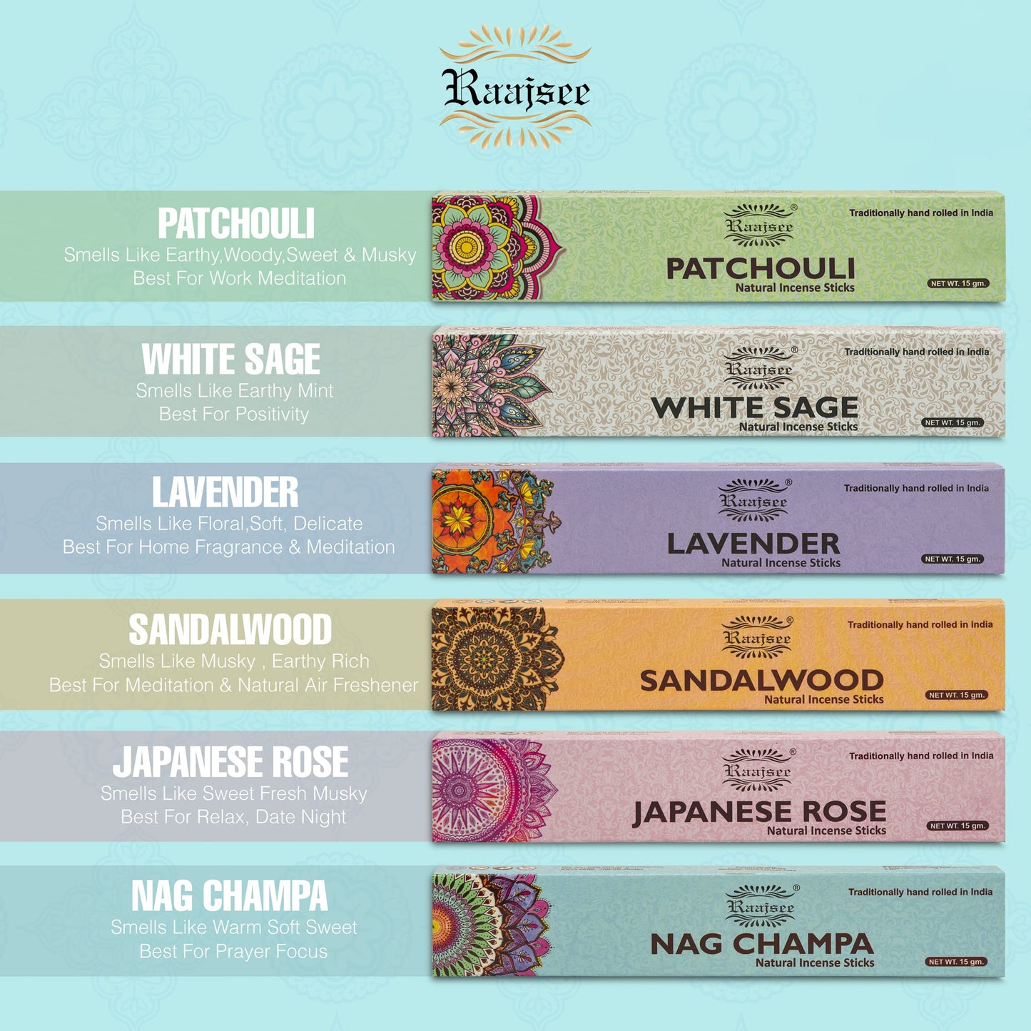 raajsee Natural Incense Sticks-100% Organic Hand rolled 6 PACK15gm each Insencents Sticks- Free from Chemicals & Charcol-No Black Smoke Joss Sticks Rj 6 Pack 1