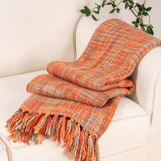 BATTILO HOME Orange Throw Blanket for Sofas Rustic Fall Decorative Bed Throws Boho Knitted Throw Travel Blanket Nap Throw for Armchair Couch and Bed 127x152cm Rust Orange