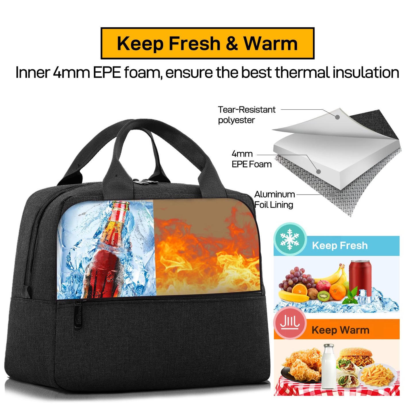 HOMESPON Insulated Lunch Bag for Women Men Work Adult Cool Bag Lunch Box Large Capacity Ladies Tote Bag(Black) Black