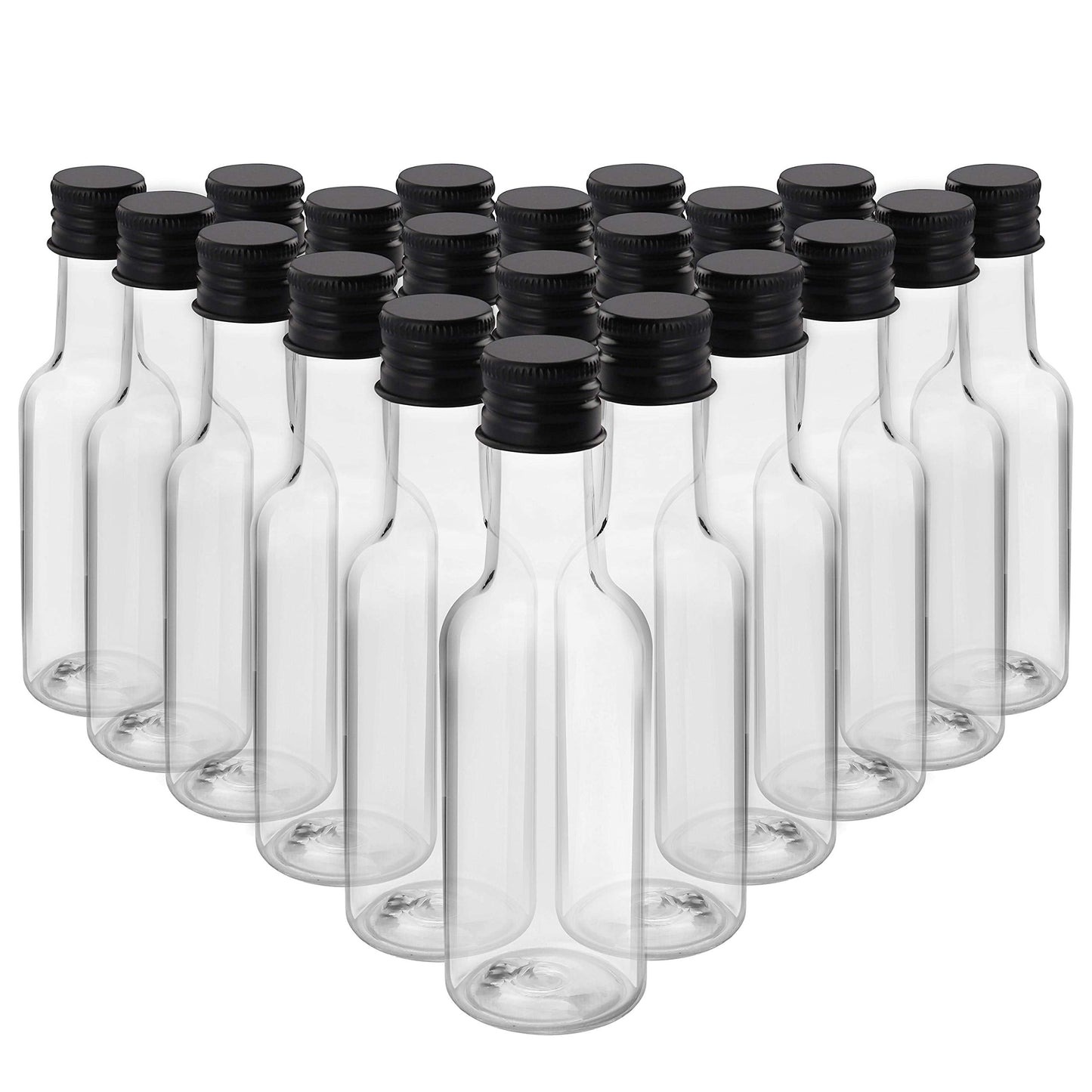 Belle Vous Mini Liquor Bottles (24 Pack) - Reusable Plastic 50ml Empty Spirit Bottles with Black Screw Caps and Liquid Funnel for Easy Pouring, Bottle Filling - Miniature Bottles for Weddings, Parties 24 Pack