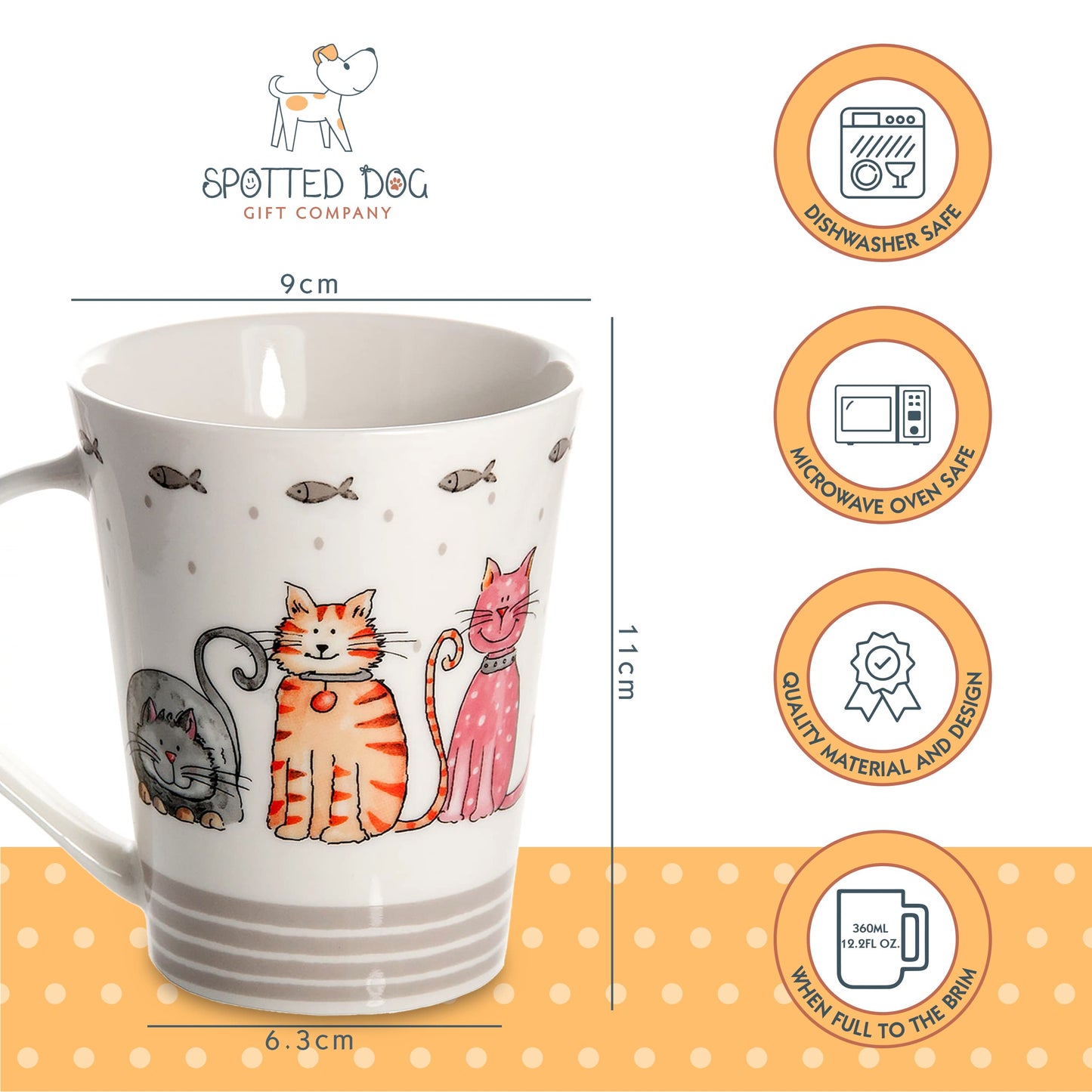 SPOTTED DOG GIFT COMPANY Cat Mugs, Coffee Mug Set of 4, Cute Happy Cats Themed Ceramic Porcelain China Tea Coffee Cups, Gifts for Cat Lovers and Animal Lovers Women Men Kids, 360ml / 12.2oz