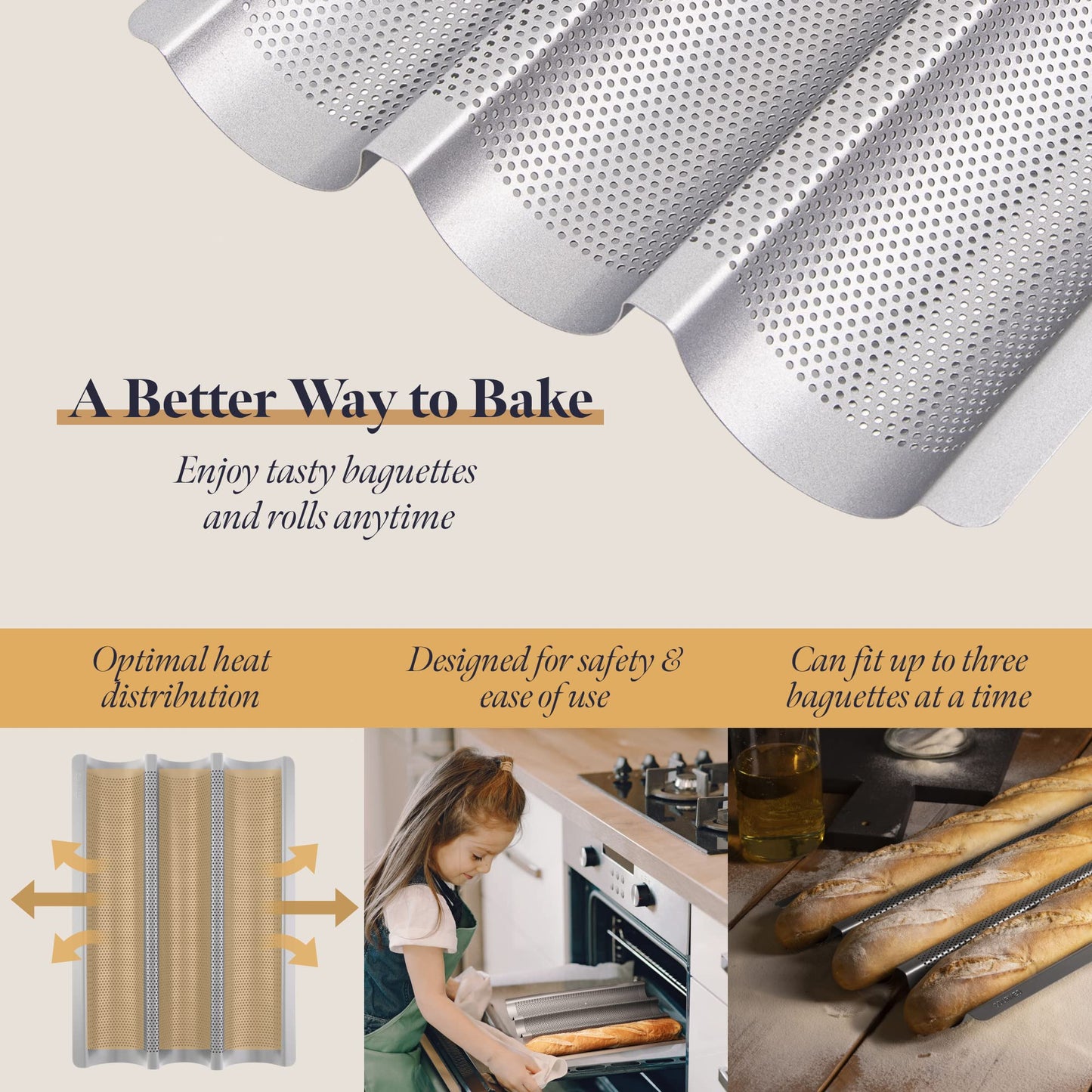 GOURMEO Non-Stick Baguette Baking Tray - 38,5cm x 28.5cm - French Bread Baking Trays for 3 Baguettes - Easy to Use & Clean - Silver 1 Tray for 3 Baguette