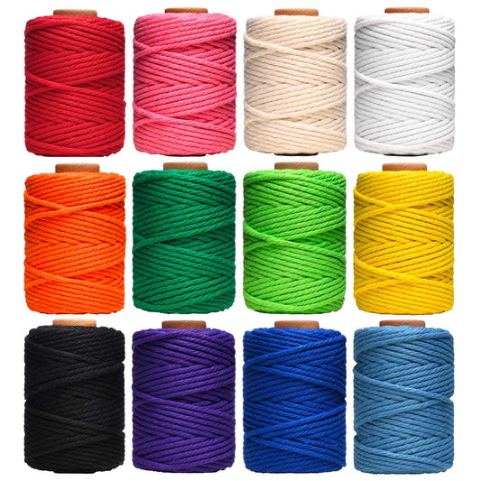 HULISEN Macrame Cord, 3mm x 396 Yards Natural Cotton Twine, 12 Rolls 4 Strand Colored Macrame String, Colorful Cotton Rope for DIY Crafts Knitting, Artworks, Wall Hanging, Plant Hangers