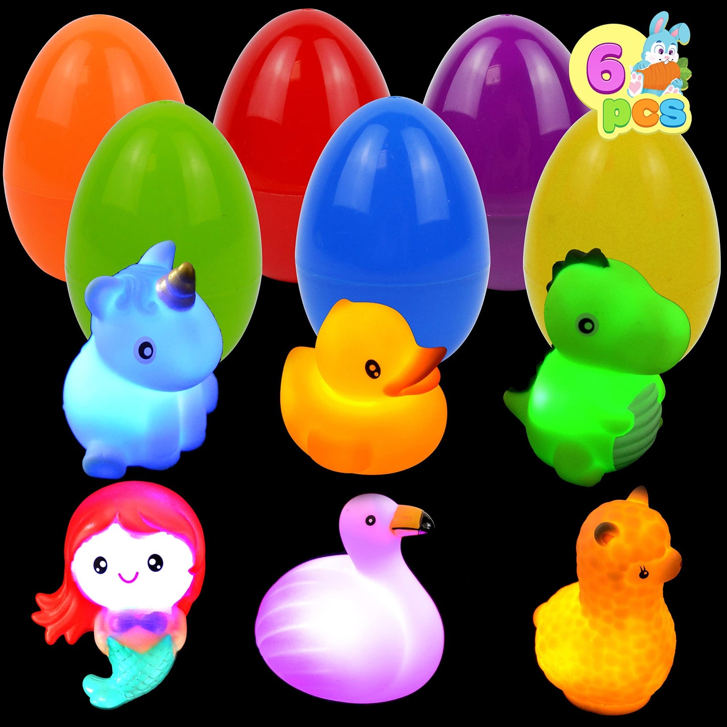 JOYIN 6 Pcs Pre-Filled Easter Eggs with Light-up Floating Bath Toys for Kids Toddler Easter Eggs Hunt, Easter Basket Stuffers/Fillers, Filling Treats, Party Favor, Classroom Prize Supplies Animal