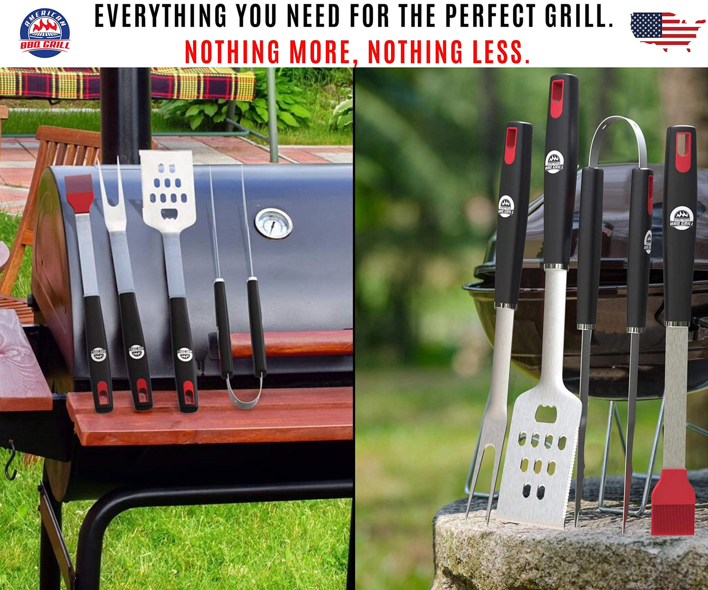 BBQ Tools Sets - Premium Barbecue Utensils - 4 Piece Grill Kit: Spatula, Tongs, Fork and Basting Brush - Best Heavy Duty Stainless Steel Case BBQ Accessories for Him - 10 Year Warranty Set B