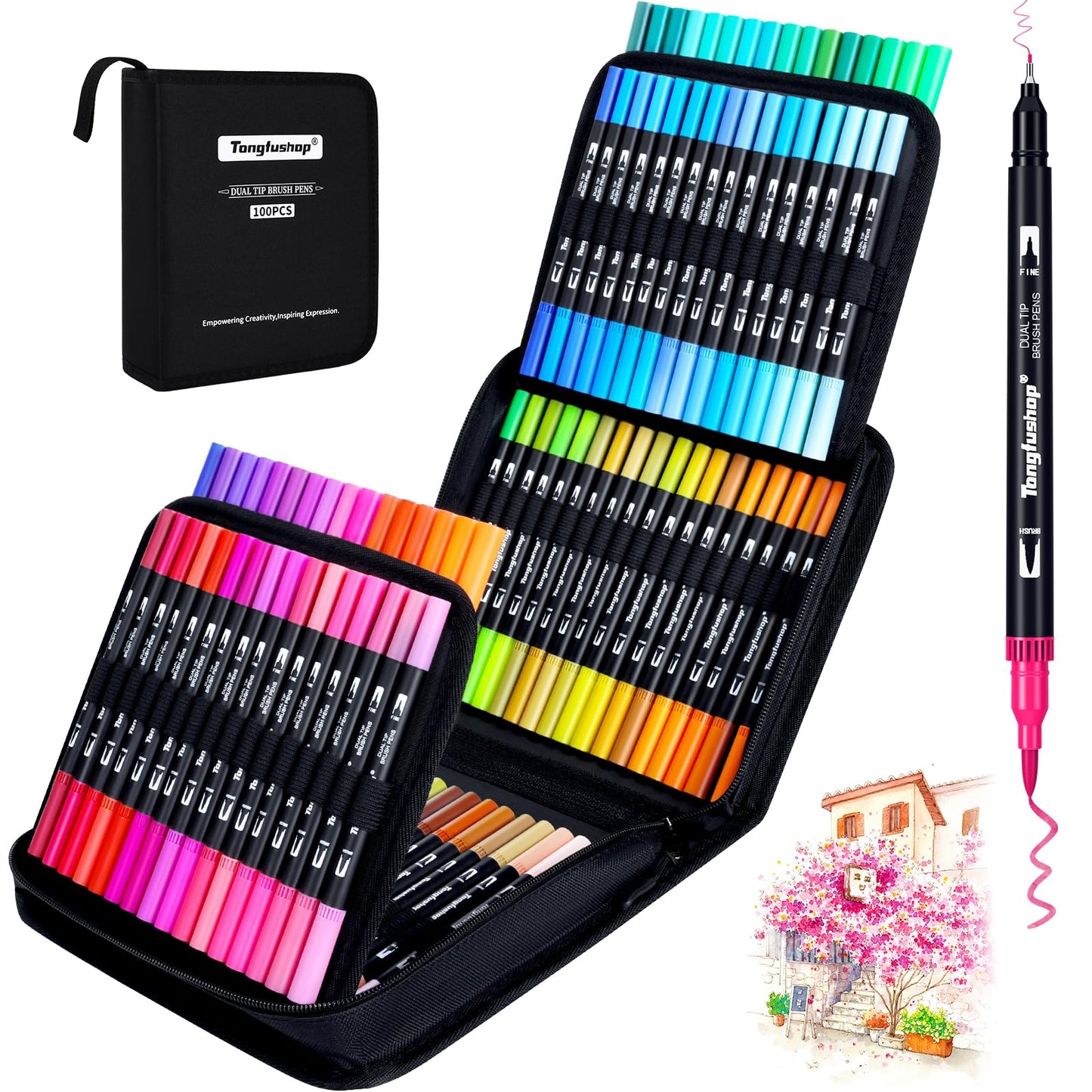 Tongfushop 100 Colouring Pens, Brush Pens for Colouring, Felt Tip Pens for Adults Kids Children, Dual Tip Brush Pens for Drawing, Sketching, Calligraphy, Colouring Books, Comic and Painting