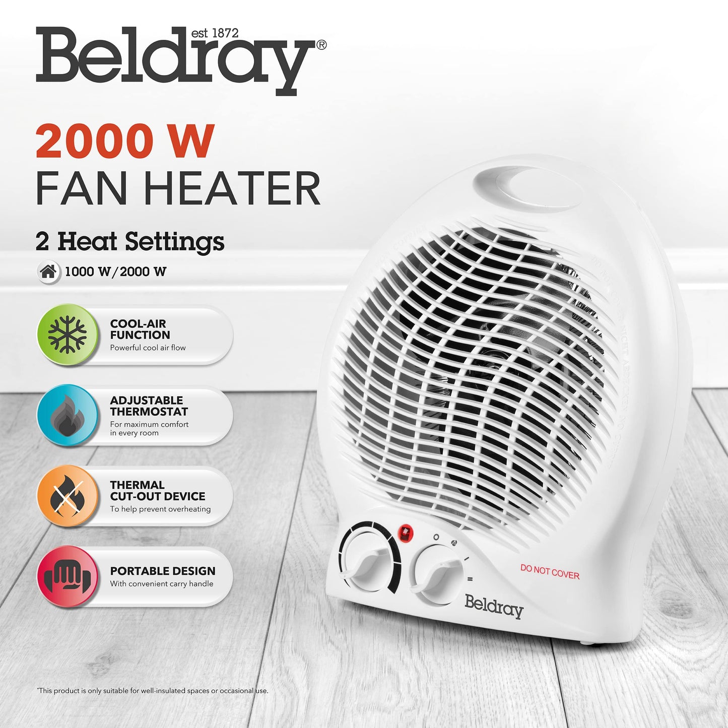 Beldray EH0567 Electric Fan Heater – Thermo Fan Heater, 2 Heat Settings, Cool Air Function, Adjustable Thermostat, Lightweight & Portable, Carry Handle, Dial Control, Overheat Protection, 1000/2000W Single Heater Round Fan Heater/Cooler