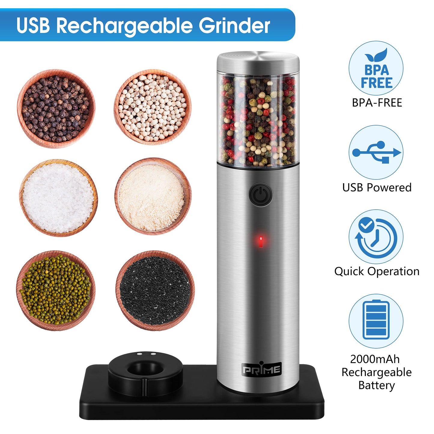 PRIME, Electric Salt and Pepper Grinder Set, 2 Mills, Rechargeable, with Charging Base, USB Cable, Power Adapter, Automatic Tact Switch Operation, Adjustable Coarseness, Stainless Steel (UK 2.2) Pack of 2