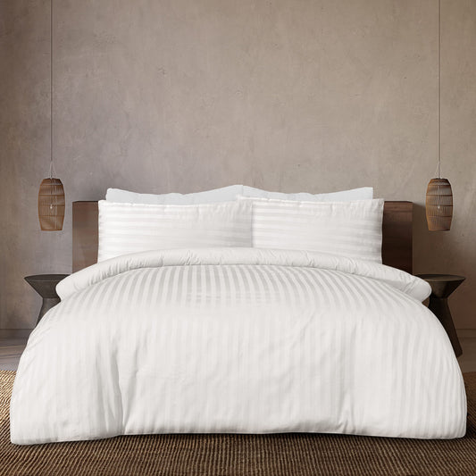 Sleepdown Soft Hotel Quality 225 Thread Count Cotton Satin Stripe Duvet Cover Set With Pillowcases in White Colour (Double) Double