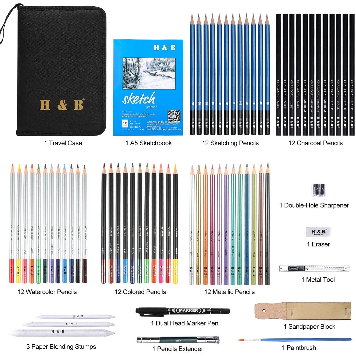 H & B Drawing Pencils and Sketch Pad 72 Pieces, Artist Colouring Pencils Sketching Set, Complete Sketch Kit Includes Graphite Pencils,Colour Drawing Pencils for Kids,Adults 72pcs Drawing Pencils and Sketch Pad