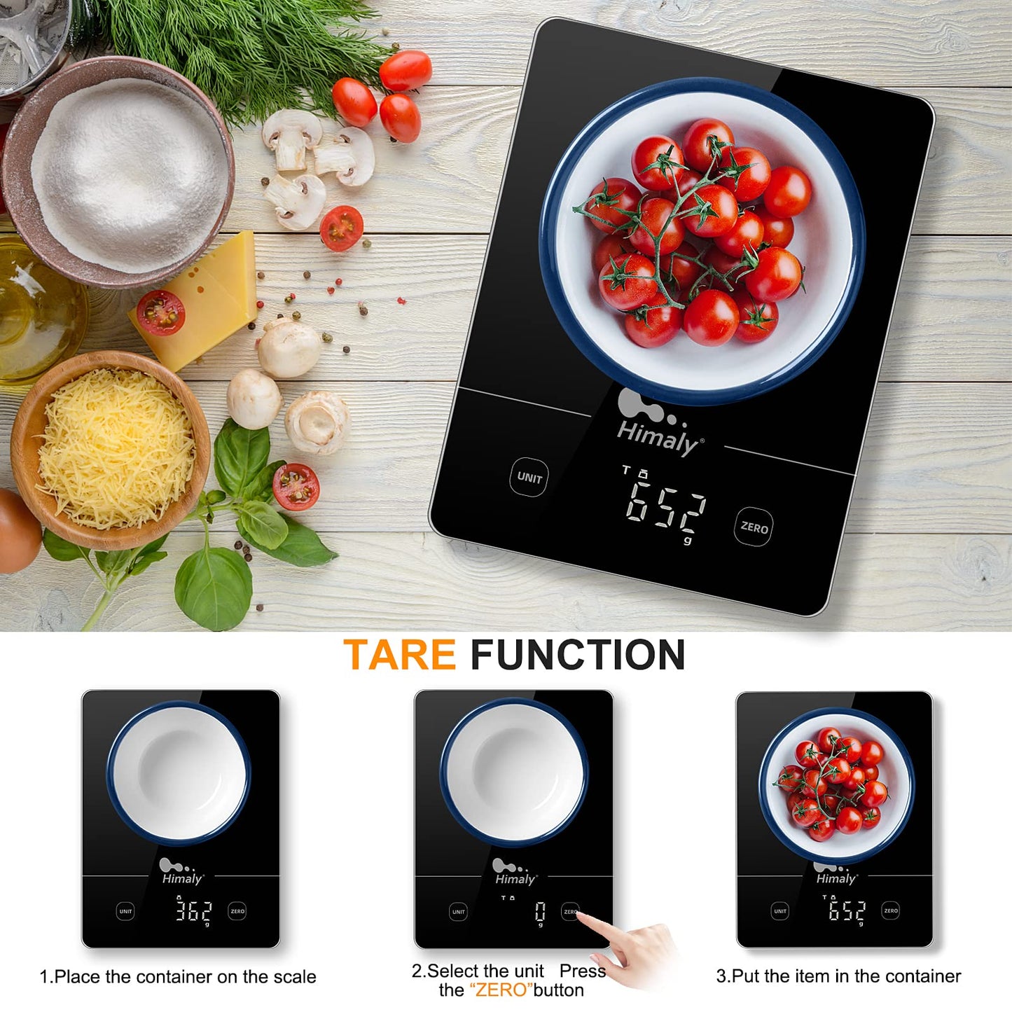 Himaly Digital Kitchen Scales Food Scale with Tempered Glass Platform,Electronic Cooking Scale with LCD Display, Multifunction Weighing Scale for Baking, Tare Functio,5kg/11LB 5kg-Black