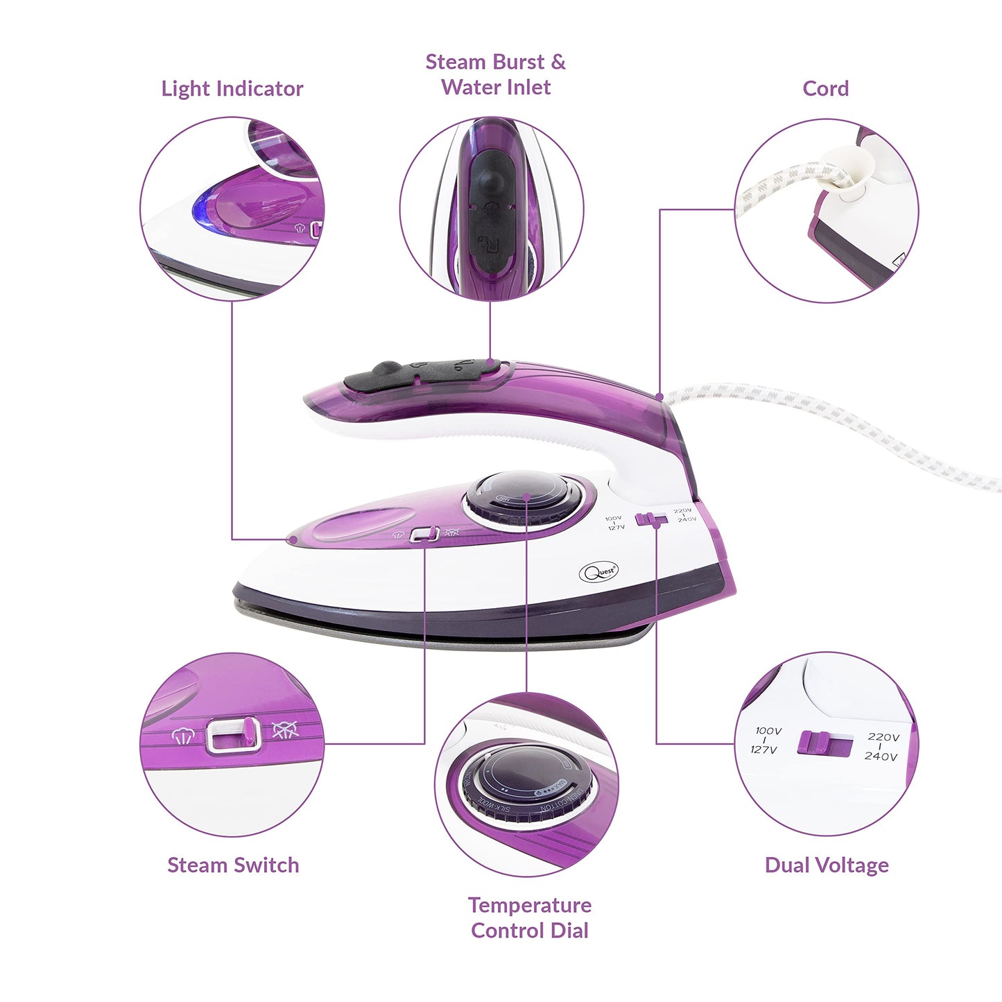 Quest 34030 1000W Travel Steam Iron / Collapsible Ergonomic Handle / 50ml Water Tank / Lightweight & Portable / Non-Stick Soleplate / Dual Voltage For Use At Home & Abroad Travel Steam Iron, 1000W