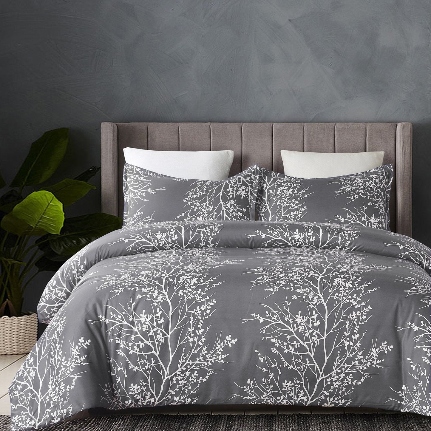 YEPINS Soft Brushed Microfiber Bedding Duvet Cover Set with Zipper Closure and Corner Ties, Print Floral and Branch Pattern Design, Grey Colour- King Size Grey/White