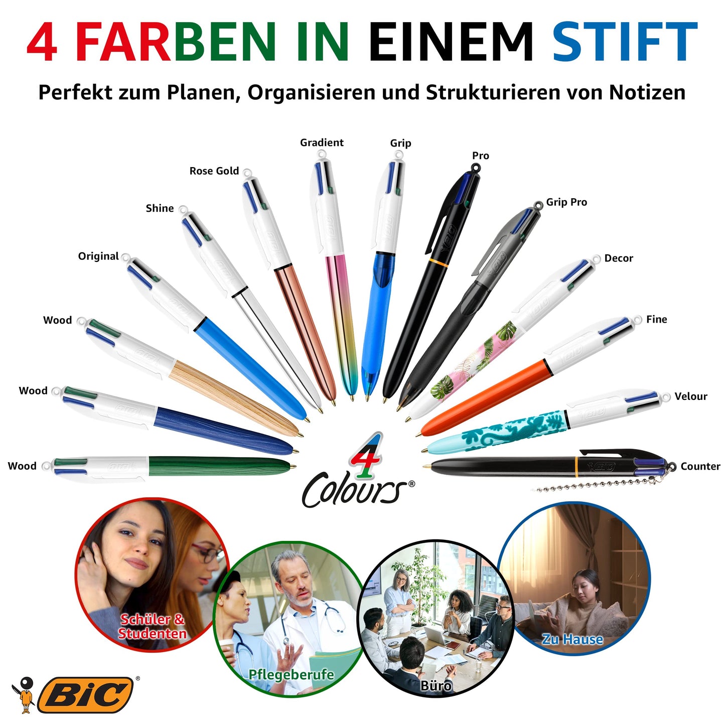 BIC 4 Colours Pro Multi Pen, Multi Coloured Pens All In One, Retractable Ballpoint Pen, Medium 1.0mm, Green, Blue, Red, Black, 12 Pens Per Pack, 1 Pack