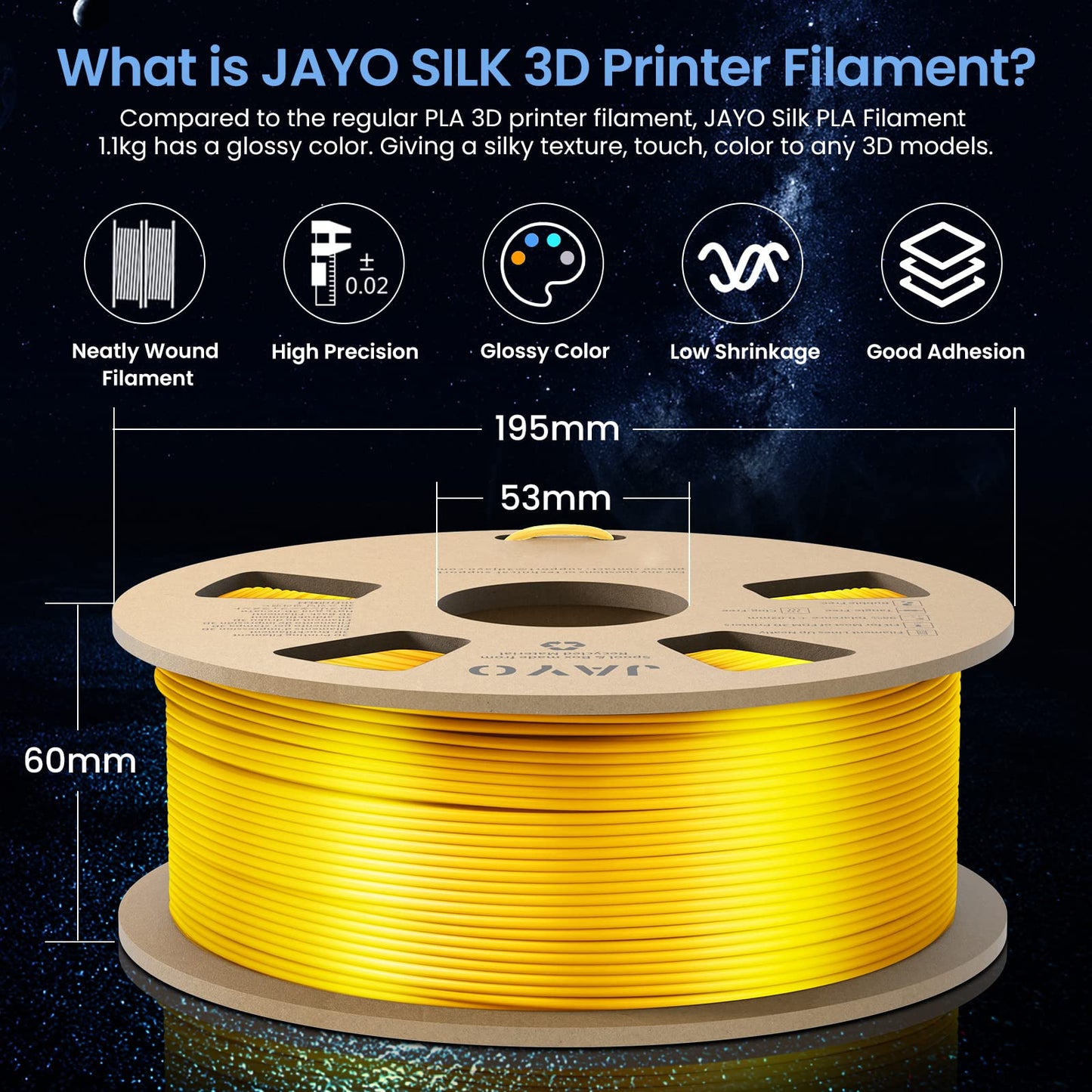 JAYO PLA Silk Filament 1.75mm, Shiny PLA 3D Printer Filament 2.2kg, Neatly Wound Filament, Dimensional Accuracy +/- 0.02, 2 Spools PLA+ Silver+Light Gold 2.2kg Silver+Gold