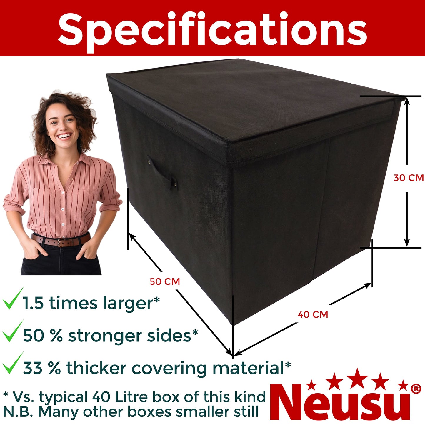 Neusu Heavy Duty Black Storage Box With Lid - Jumbo XL Size 50cm x 40cm x 30cm - Large Storage Box With Lid for Clothes, Bedding, Kids Toys - 60 Litre Capacity - Foldable 60 Litres