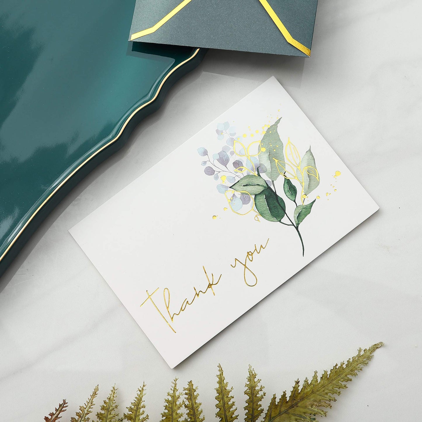 Heavy Duty Greenery Thank You Cards with Envelopes - 36 PK - Thank You Notes with Gold Foil Letterpress 4 x 6 Inches Blank Note Cards for Wedding Bridal Shower Baby Shower Card Business Green