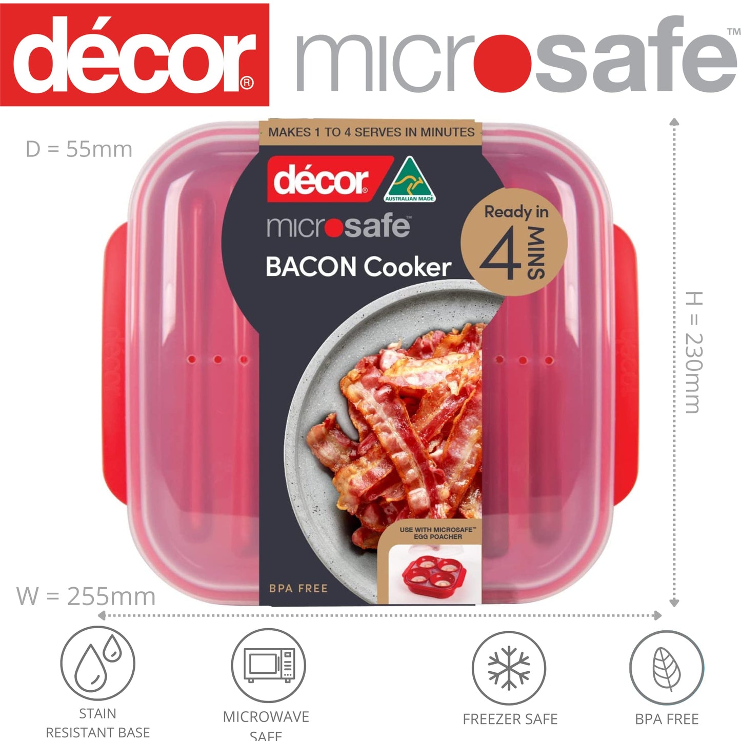 Décor Microwave Bacon Cooker | Splatter Proof Crisper Tray with Lid | Dishwasher Safe | BPA-Free Red