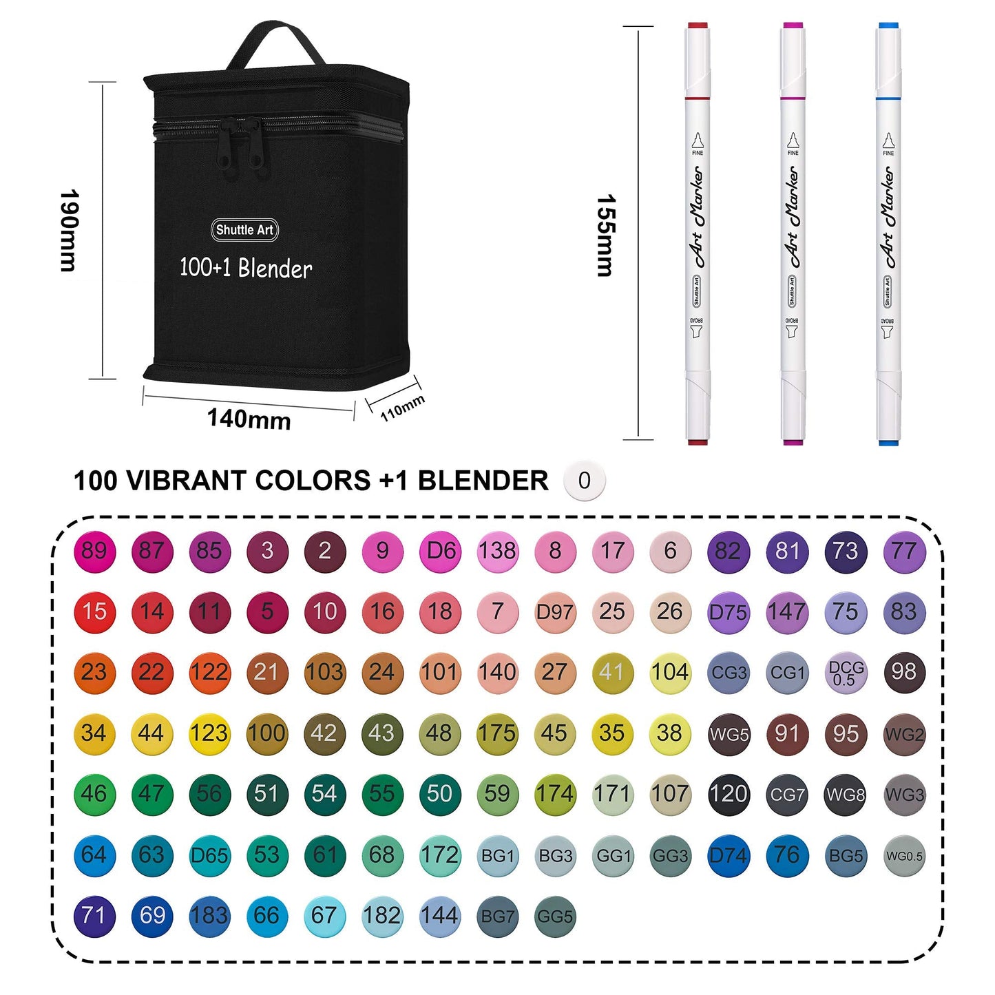 Shuttle Art 100 Colours Alcohol Markers, Dual Tip Art Markers Plus 1 Blender Art Pens for Drawing, Sketching Highlighting, Marker Pens with Carrying Case for Artists and Adult Colouring Manga Design