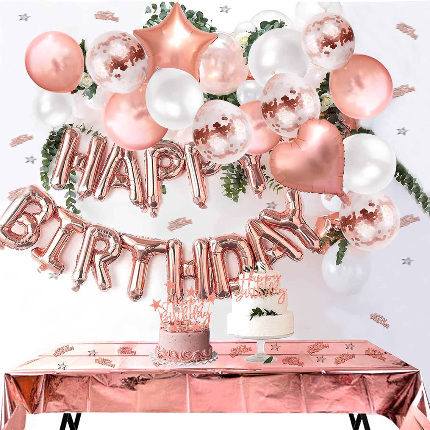 iZoeL Rose Gold Birthday Party Decoration for Girls Women Happy Birthday Banner, Rose Gold Fringe Curtain Foil Tablecloth, Heart Star Confetti Balloons and 10g Table Confetti Pink