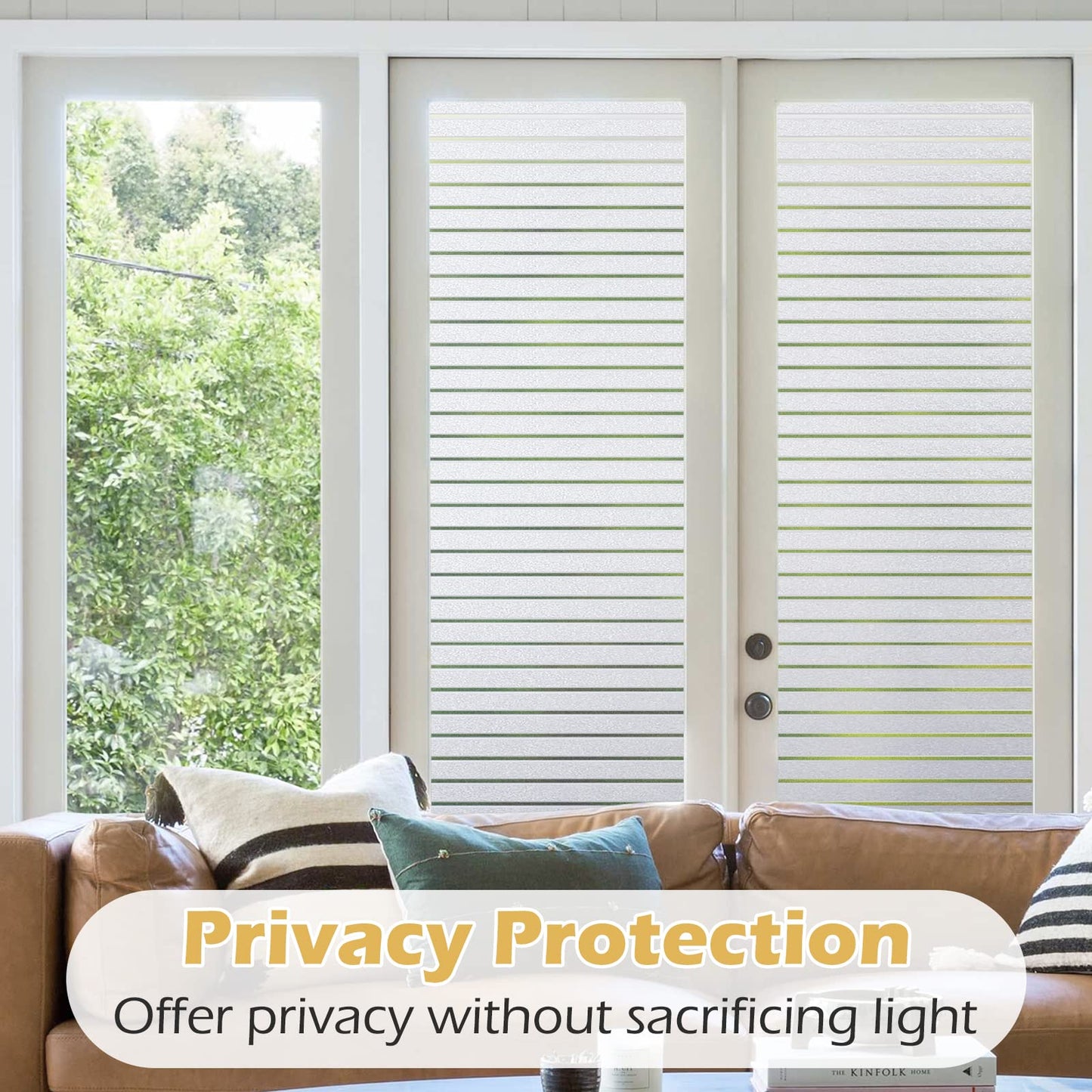 rabbitgoo Window Film Privacy, Frosted Window Film Static Cling 60 x 400 cm, Privacy Film for Glass Windows No Glue Window Sticker Opaque UV Protection White Stripe for Office Living Room Kitchen Pure Stripe