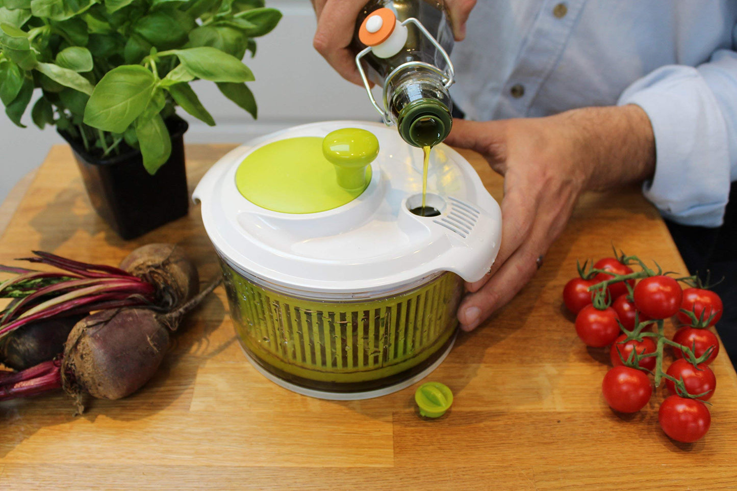 Small Salad Spinner with clear serving bowl, colander basket, smart-lock lid, easy drain system, non-slip base. 16cm|6in diam. Washes, dries & dresses lettuce, herbs, vegetables & fruit. Compact.