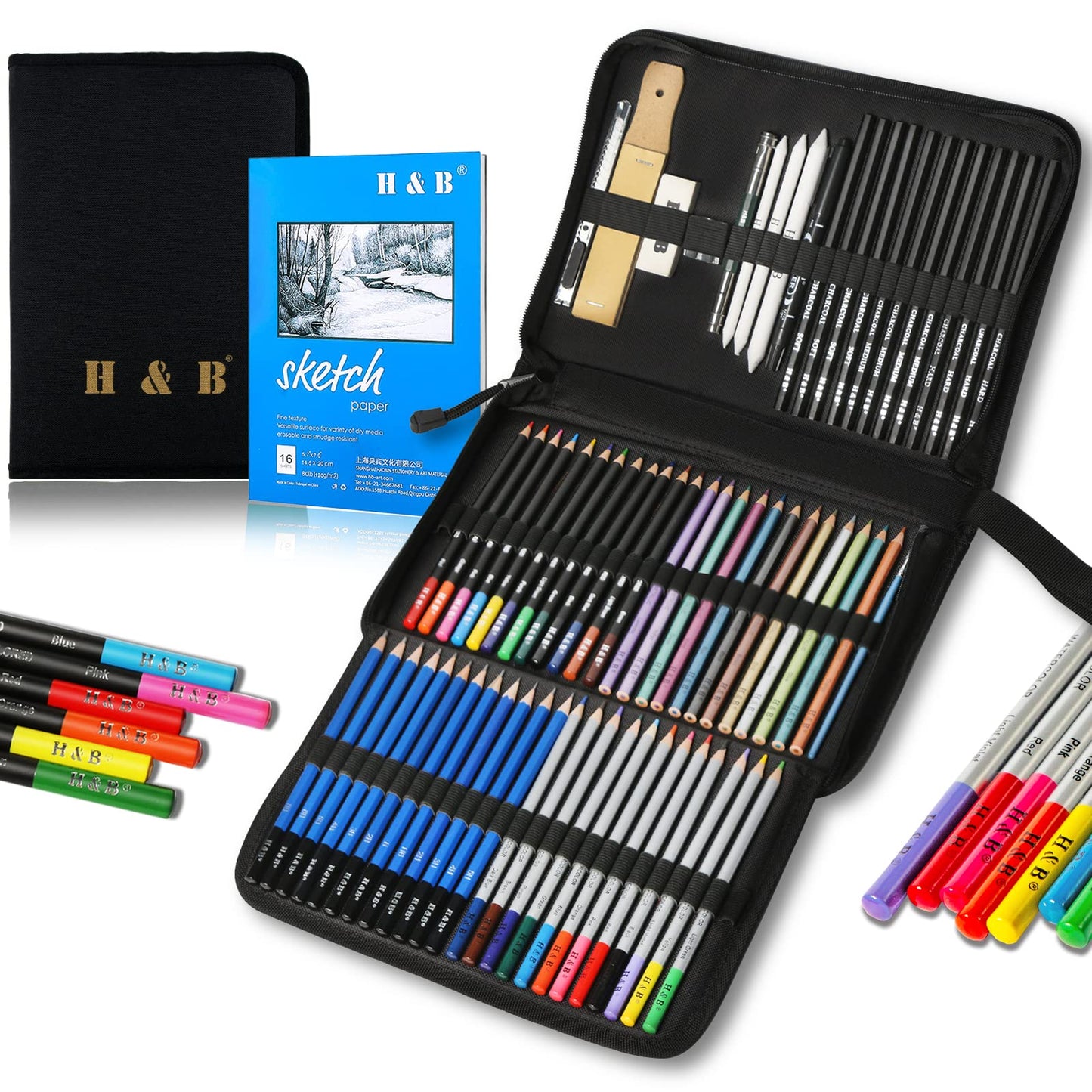 H & B Drawing Pencils and Sketch Pad 72 Pieces, Artist Colouring Pencils Sketching Set, Complete Sketch Kit Includes Graphite Pencils,Colour Drawing Pencils for Kids,Adults 72pcs Drawing Pencils and Sketch Pad