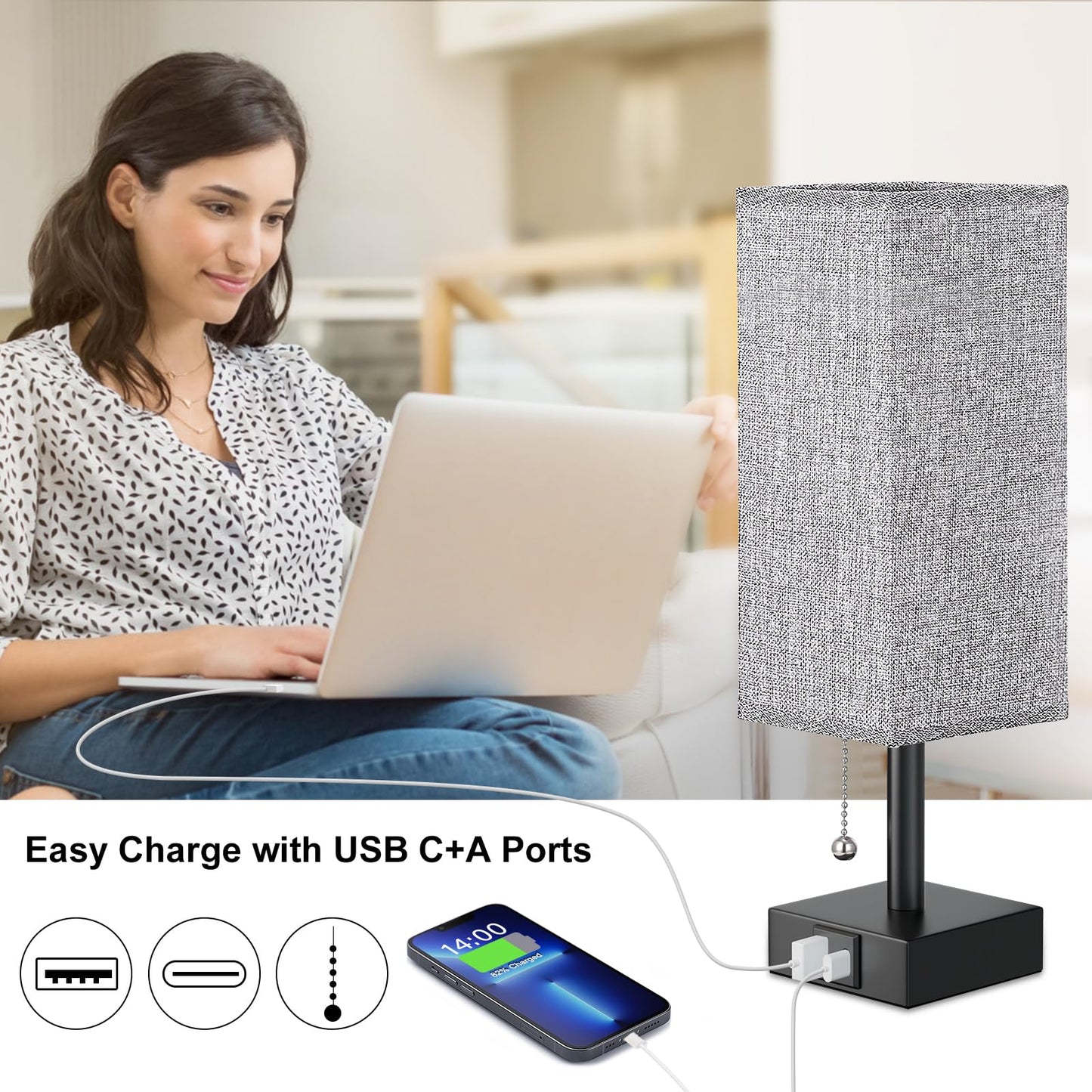 Aooshine Bedside Table Lamp, Bedside Lamp with USB A+C Ports, Lamp for Bedroom with Pull Chain, Bedroom Lamp with Grey Square Fabric Shade for Bedroom Living Room (Bulb Not Include) E-grey-no Bulb