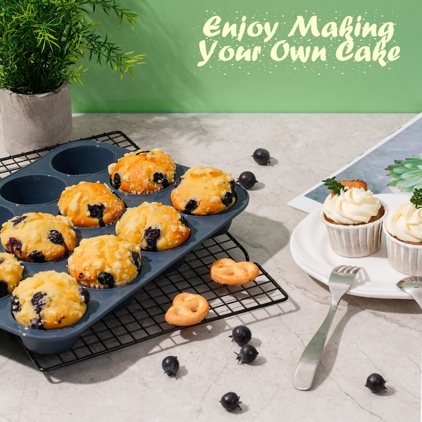 SUPER KITCHEN Set of 2 Large Muffin Tray 12 Cup Silicone Muffin Pan, Non-Stick Muffin Cupcake Tin, Baking Mould for Muffins or Cupcakes, Bakeware 33 x 25 x 3 cm (Grey) Grey 2 Pack Muffin Trays