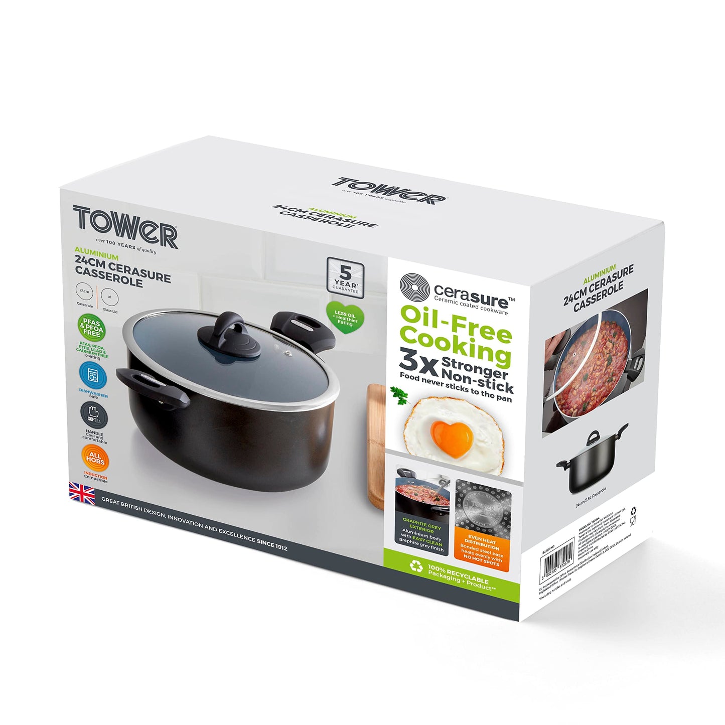 Tower T80304 Cerasure 24cm Casserole Dish with Non-Stick Coating, Suitable for all Hob Types, Graphite