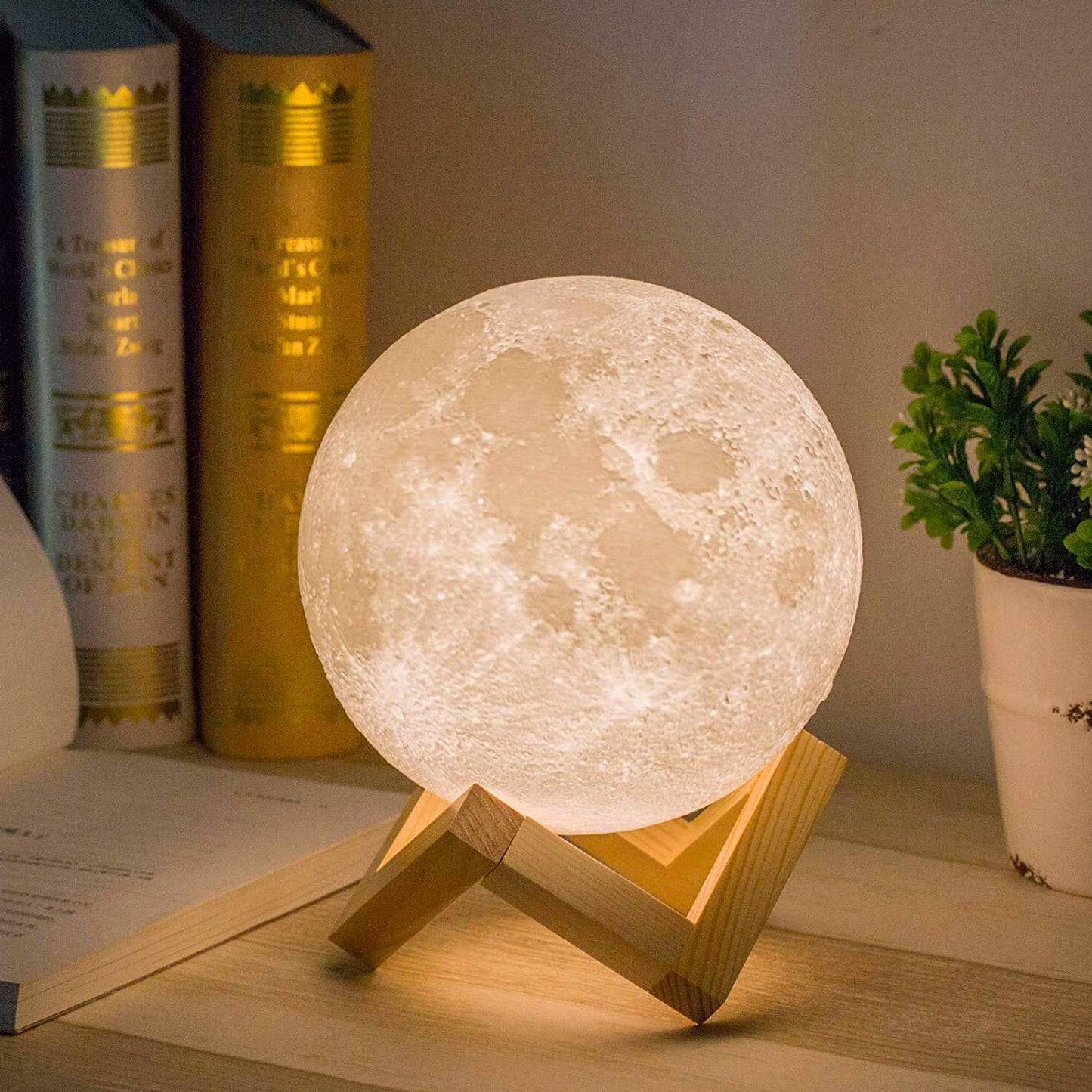 Methun 3D Moon Lamp with 5.9 Inch Wooden Base - Mother's Day LED Night Light, Mood Lighting with Touch Control Brightness for Home Décor, Bedroom, Gifts for Women Kids Birthday - White & Yellow 5.9 inches