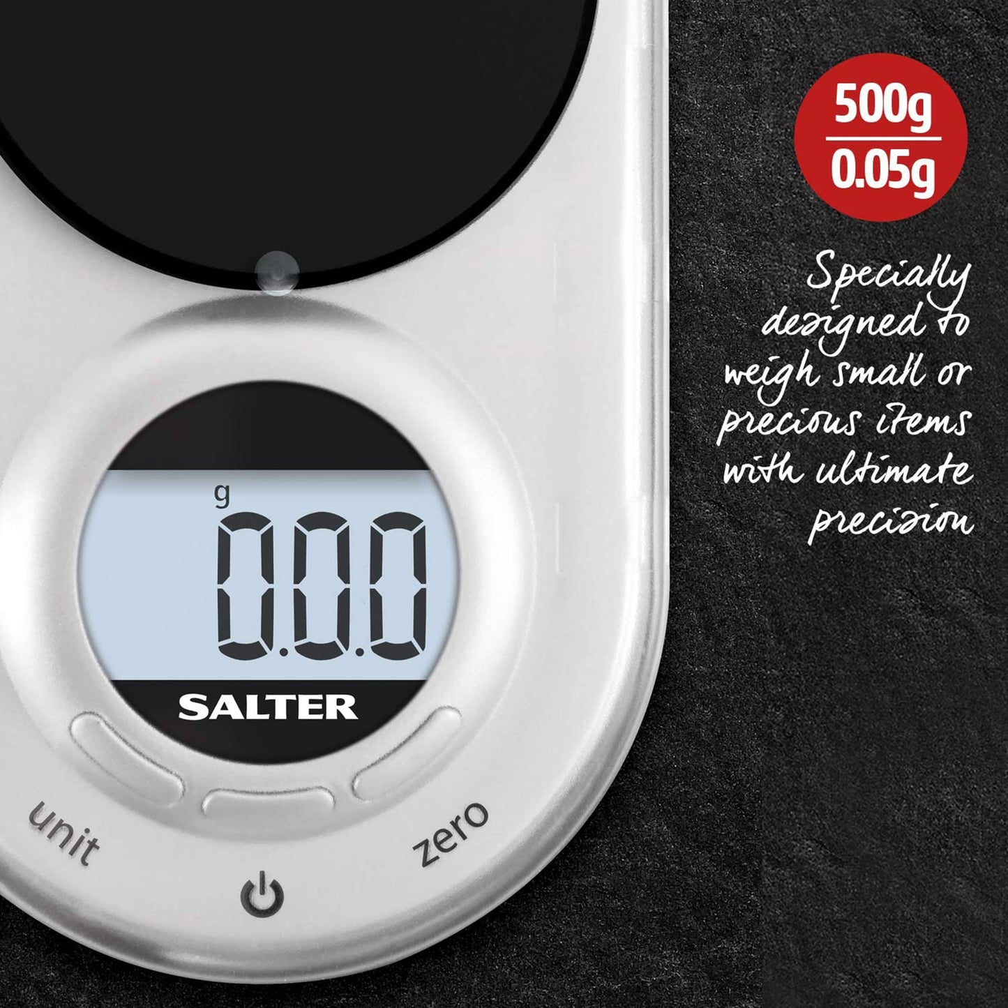 Salter 1260 SVDRA Precision Electronic Scale – Micro Pocket Digital Scales, 500g Capacity, In 0.05g Increments, Neat Storage, Large LCD Display, Compact, Discreet Design, For Jewellery, Spices, Coins Micro Digital Precision Scale