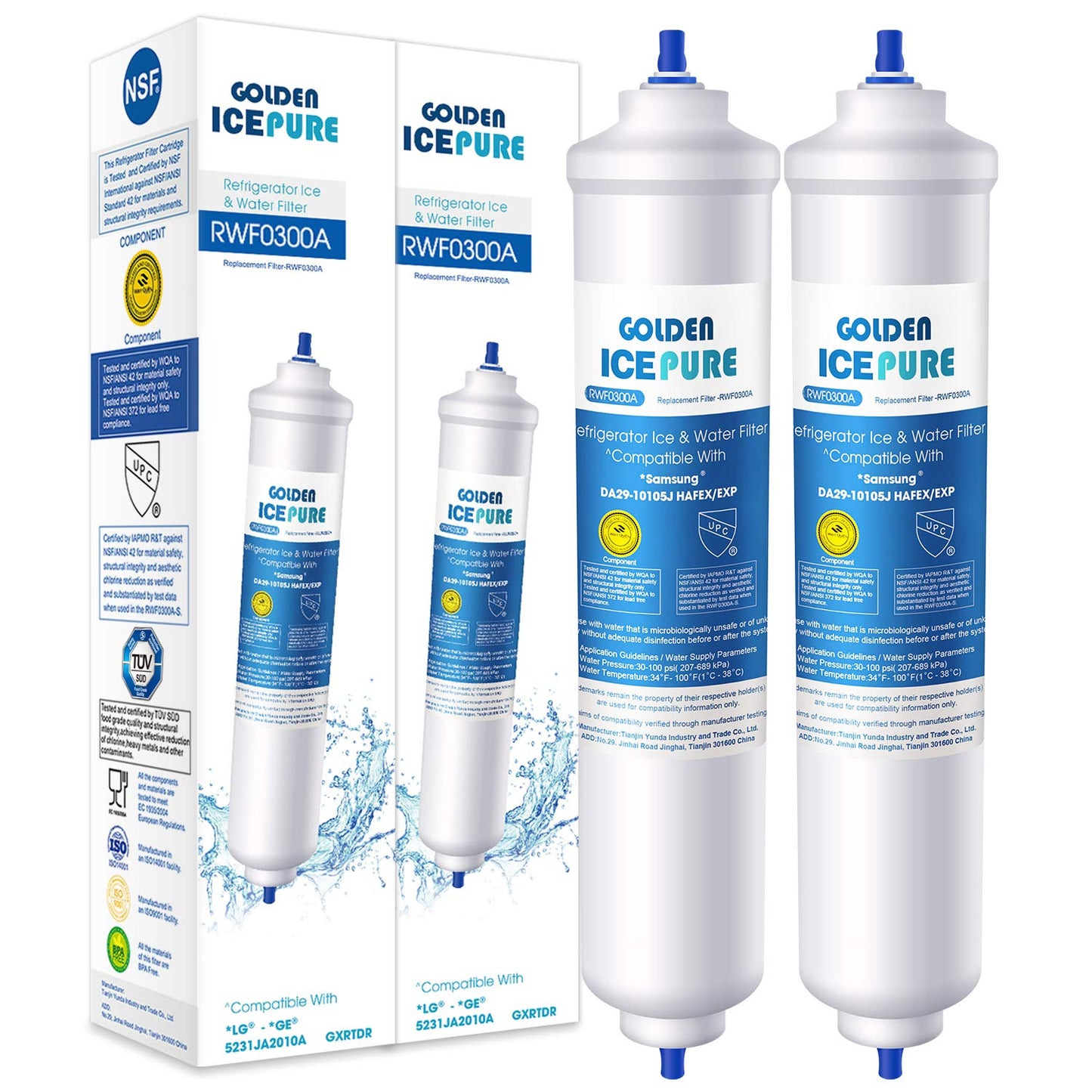 Water Filter Replacement for Samsung DA29-10105J, DA29-10105J HAFEX/EXP, WSF-100, DA99 02131B, EF9603, HAIER LG Fridge Water Filter 2 Pack by GOLDEN ICEPURE RWF0300A (Invoice Available) 2 Count (Pack of 1)