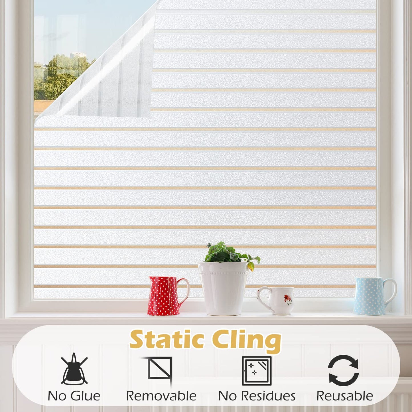 rabbitgoo Window Film Privacy, Frosted Window Film Static Cling 60 x 400 cm, Privacy Film for Glass Windows No Glue Window Sticker Opaque UV Protection White Stripe for Office Living Room Kitchen Pure Stripe