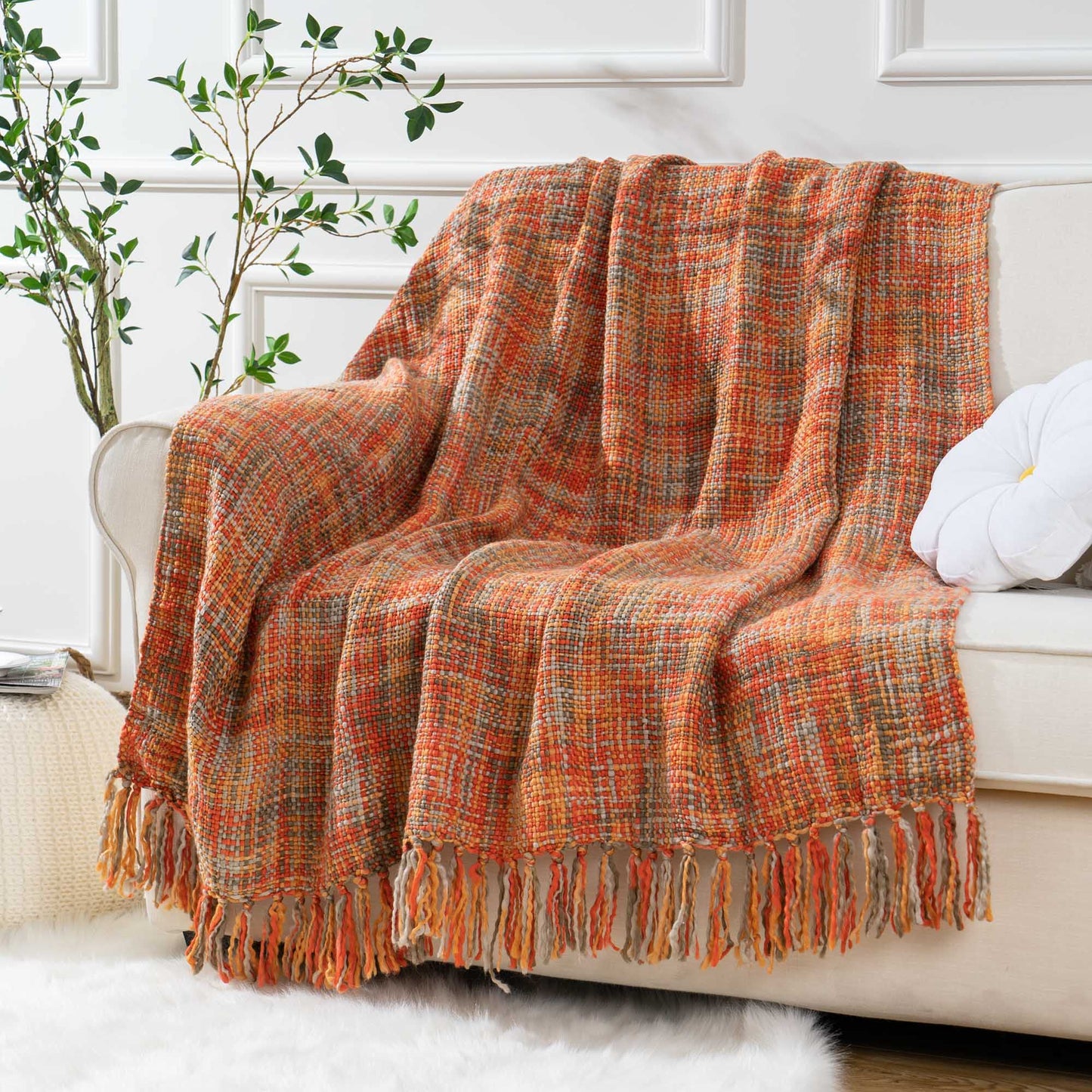 BATTILO HOME Orange Throw Blanket for Sofas Rustic Fall Decorative Bed Throws Boho Knitted Throw Travel Blanket Nap Throw for Armchair Couch and Bed 127x152cm Rust Orange