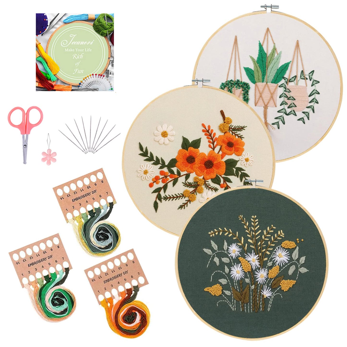 Jecanori Embroidery Starter Kit, 3 Pack Cross Stitch Kit with Floral or Plant Pattern and Instructions, Full Range of Embroidery Kits, Embroidery Hoops, Color Threads and Tool A-Flower-Tree