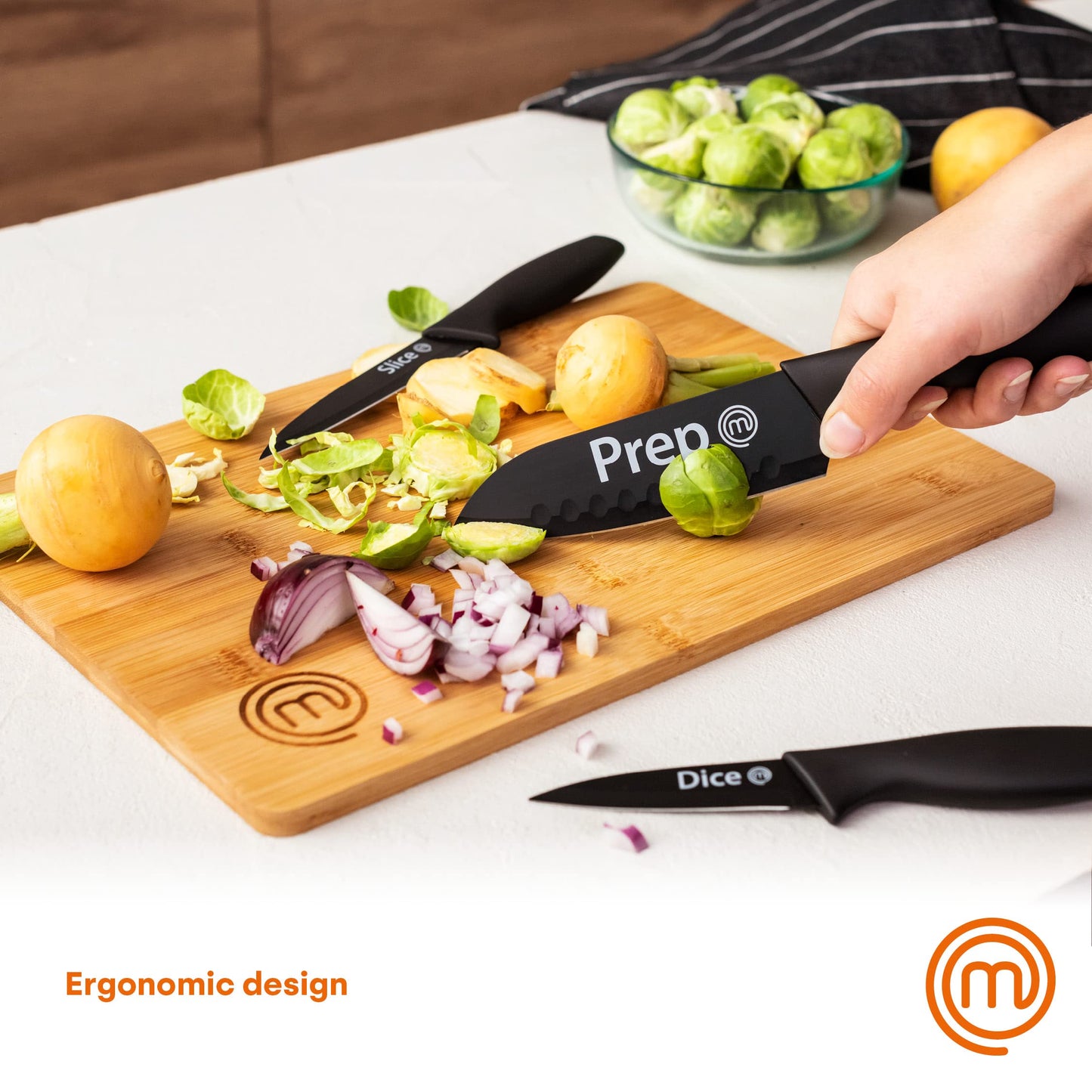 MasterChef Knife Set of 3 For Kitchen (Chef, Paring & Utility) Professional, Extra Sharp, Stainless Steel Blades With Non Stick Coating & Soft Touch Grip, Essential Collection 3 Piece, Black Black (With Captions) Single