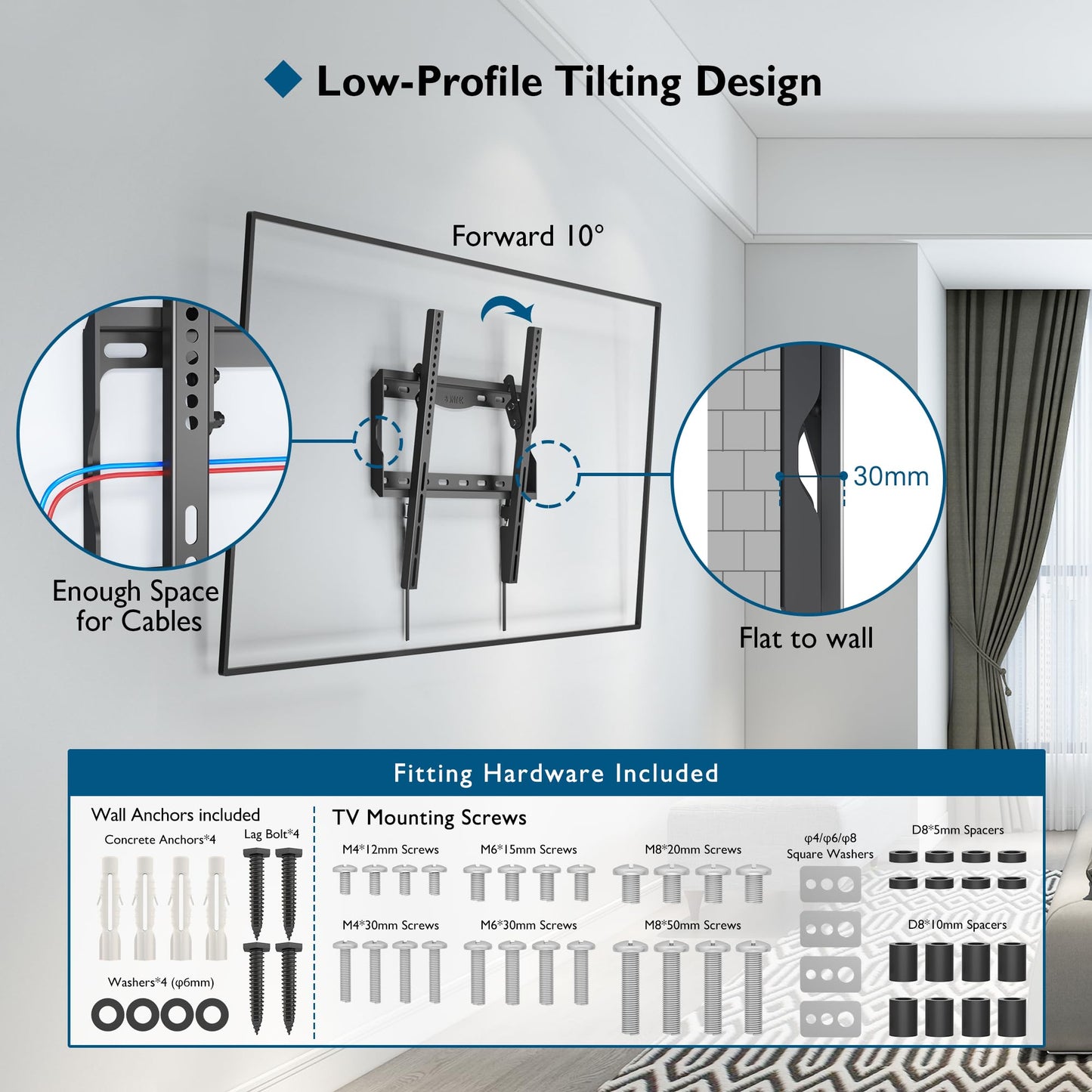 BONTEC TV Wall Mount Bracket for Most 26-65 inch LCD/LED/OLED Flat Curved TVs, Tilt Slim TV Wall Bracket up to 55kg, Max VESA 400 x 400mm, Bubble Level and Cable Ties included