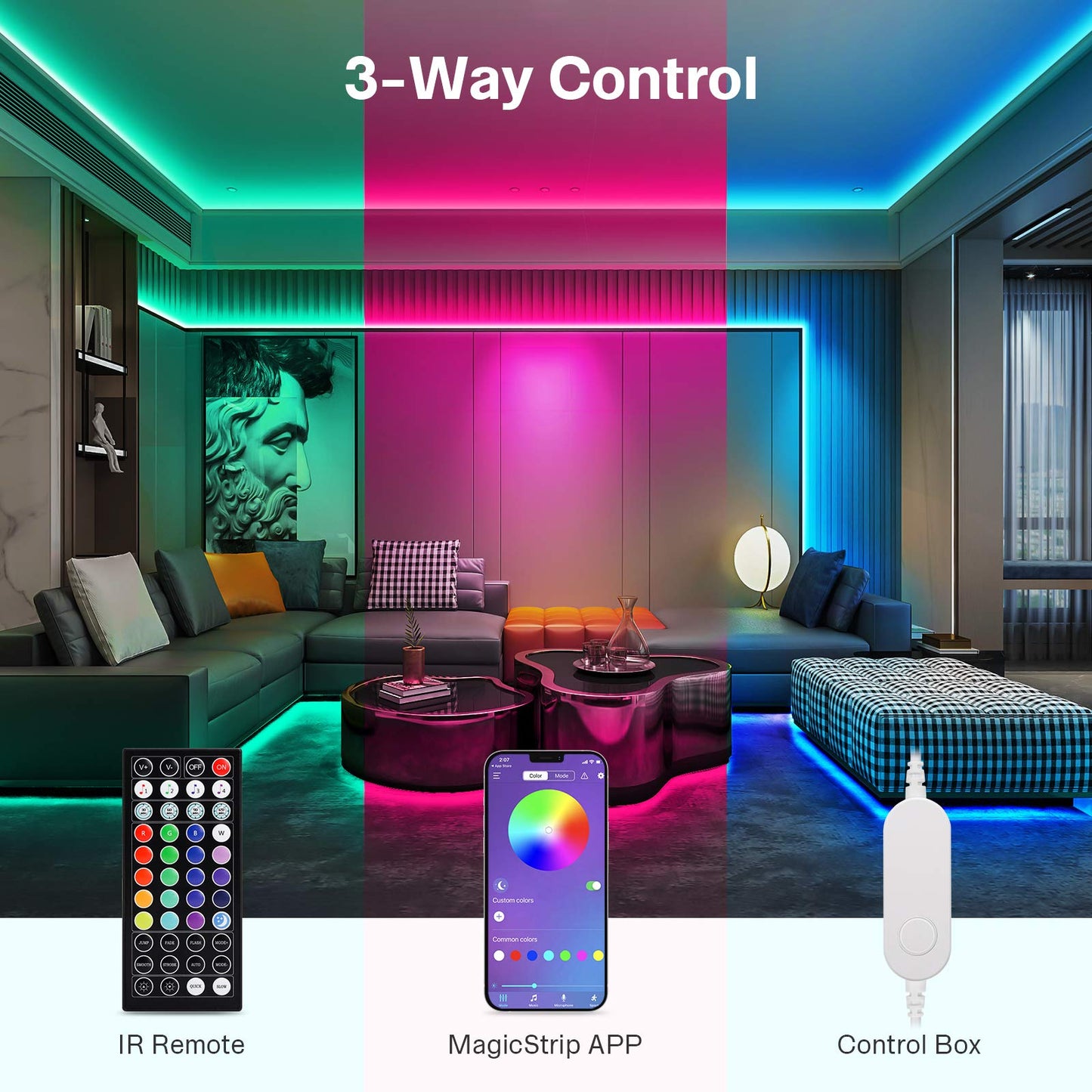 TASMOR USB LED Strip Light 10m, RGB Colour Changing Light Strips with Remote, Music Sync, App Control, LED Lights for Bedroom Home Party Kitchen DIY Decoration