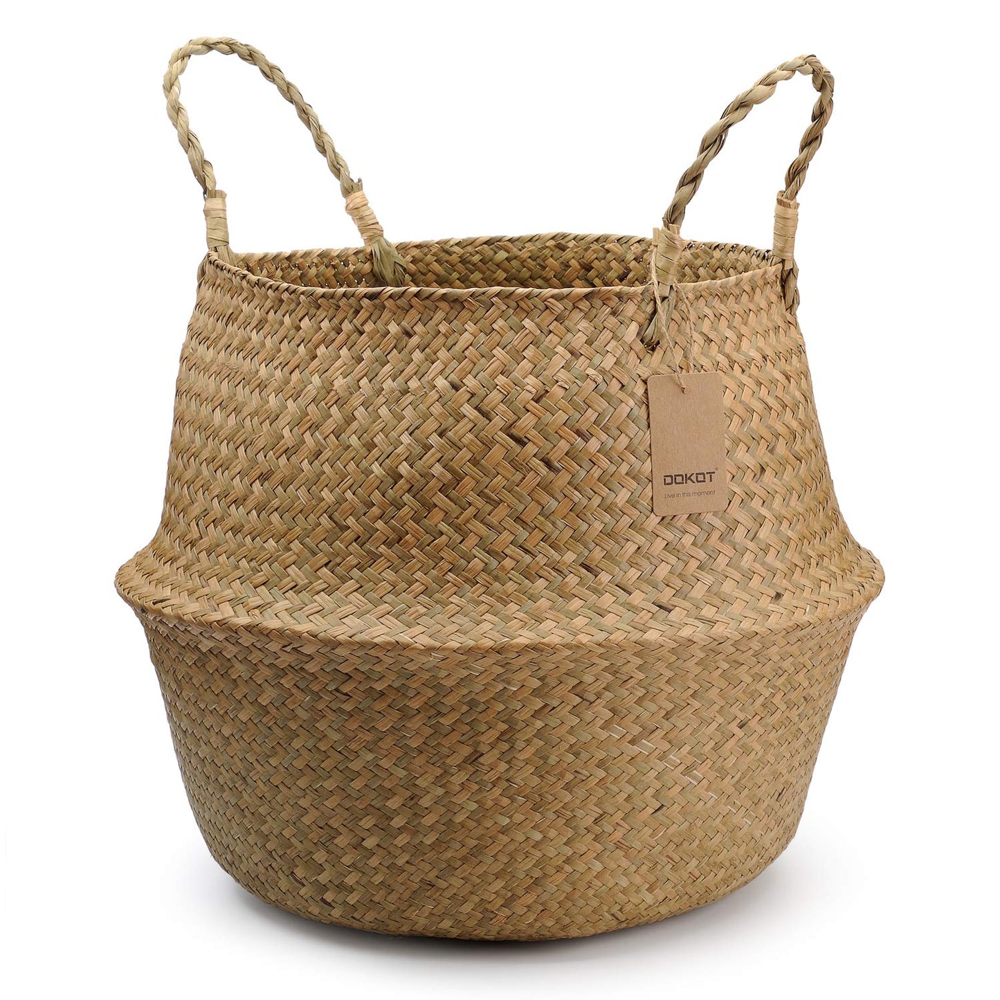 Natural Seagrass Storage Basket Woven Plant Basket Pot Laundry Basket With Handle, Foldable Belly Basket Toys Storage (Natural) Diamètre le Plus Large 45x36cm Natural