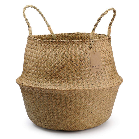 Natural Seagrass Storage Basket Woven Plant Basket Pot Laundry Basket With Handle, Foldable Belly Basket Toys Storage (Natural) Diamètre le Plus Large 45x36cm Natural