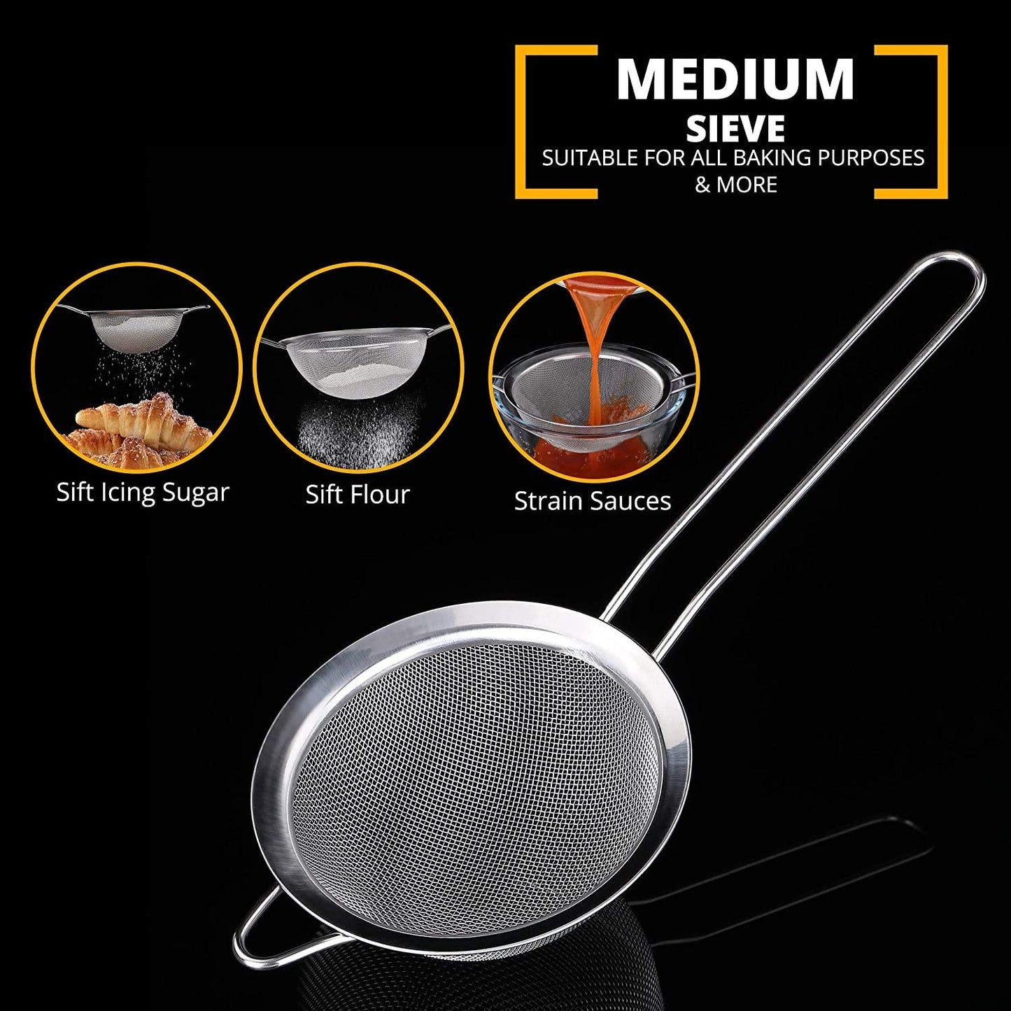 Sieves and Strainers Set - Metal Sieve Stainless Steel, Fine Mesh Strainer | Pack of 3 Kitchen Mesh, Sive Cooking, Flour for Baking Rust Free Seive, Dishwasher Safe SIV, Colander