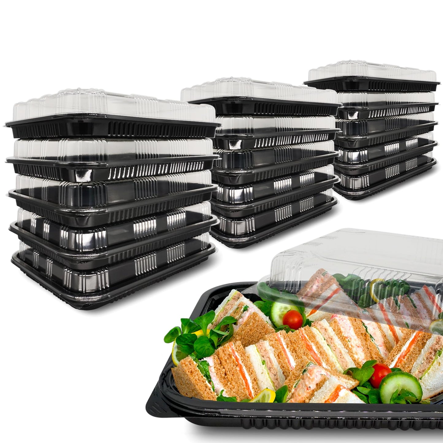 ebake Sandwich Platter Trays with Lids - 15 Pack Reusable Plastic Catering Trays with Lids (33.5 x 24 x 5cm) - Platters for Party Food Tray for Snacks, Sandwiches, Cake, Treats, Sushi and Meal Prep