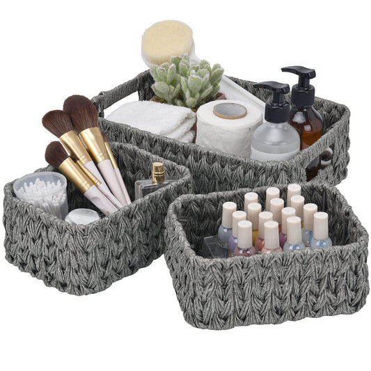 GRANNY SAYS Wicker Storage Baskets, Pack of 3 Wicker Baskets for Storage, 1 Large Wicker Storage Box and 2 Small Wicker Baskets Waterproof, Bathroom Counter Storage, Toilet Basket Tank Topper, Grey Medium